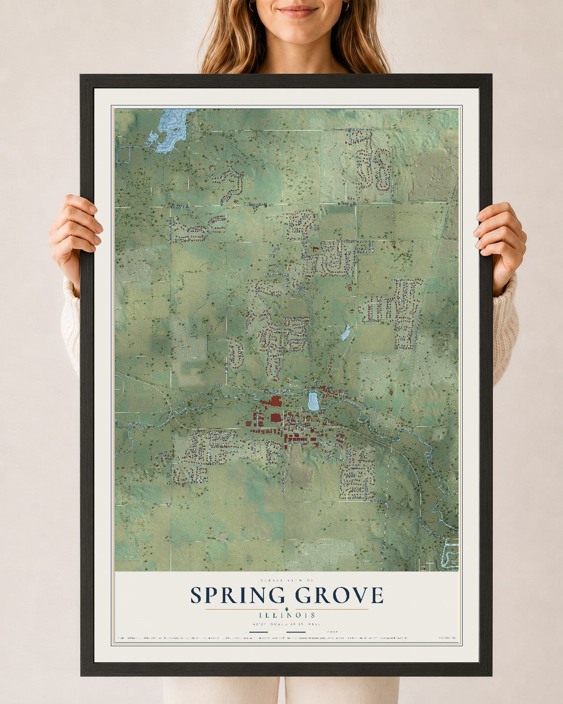 Map of Spring Grove, Illinois, 24 x 36 inch print in a black wood frame