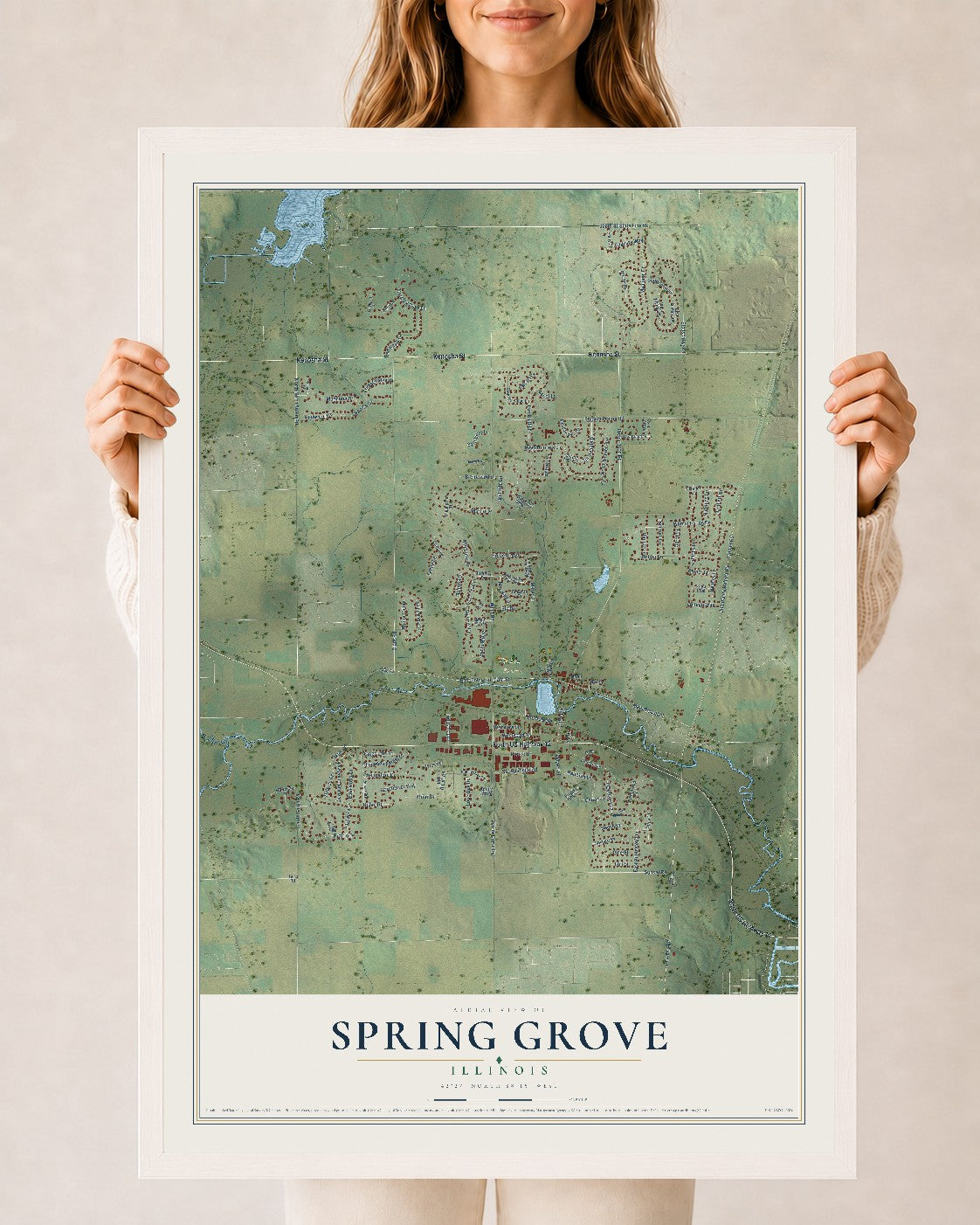 Map of Spring Grove, Illinois, 24 x 36 inch print in a white wood frame