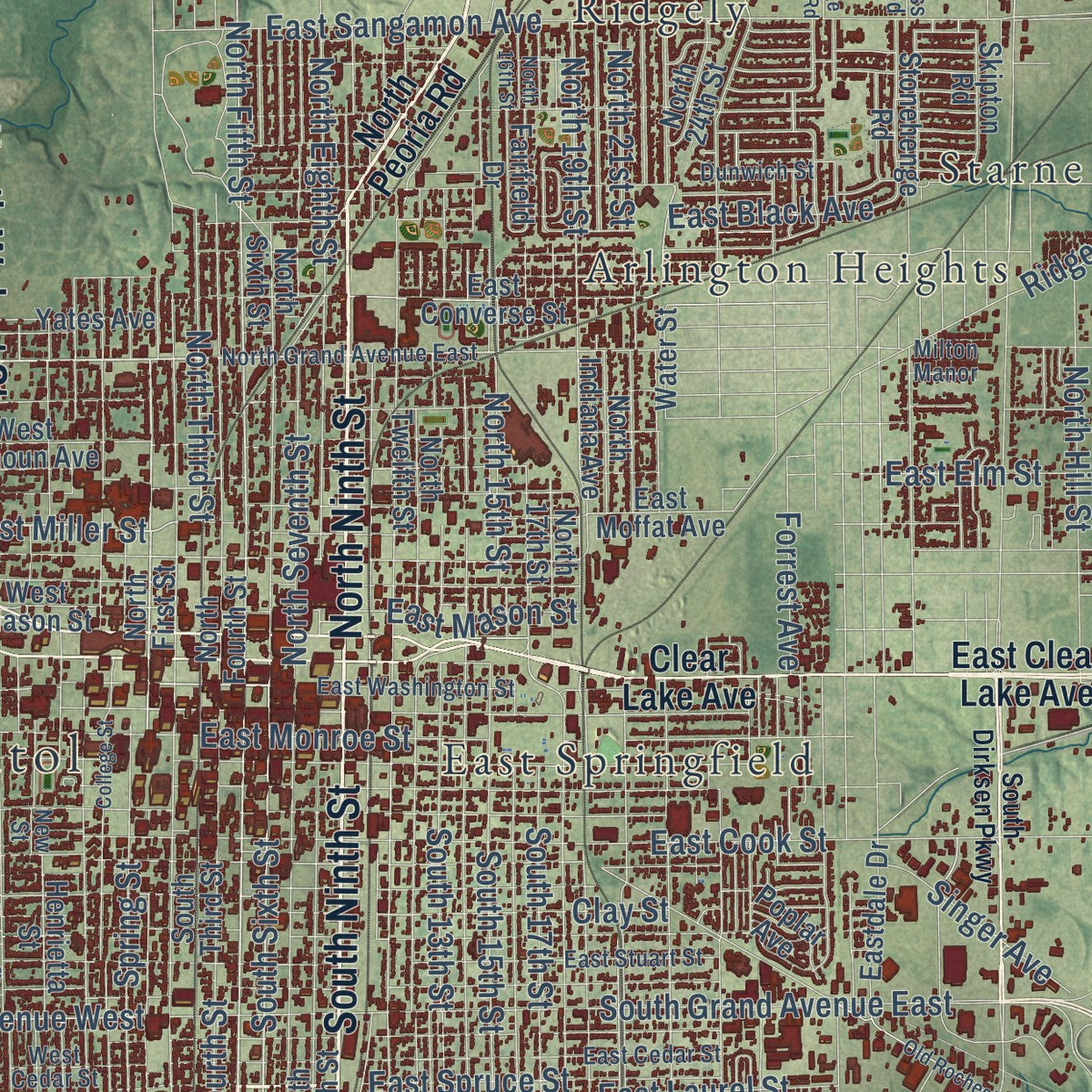 Close-up of the map of Springfield, Illinois print showing street and building detail