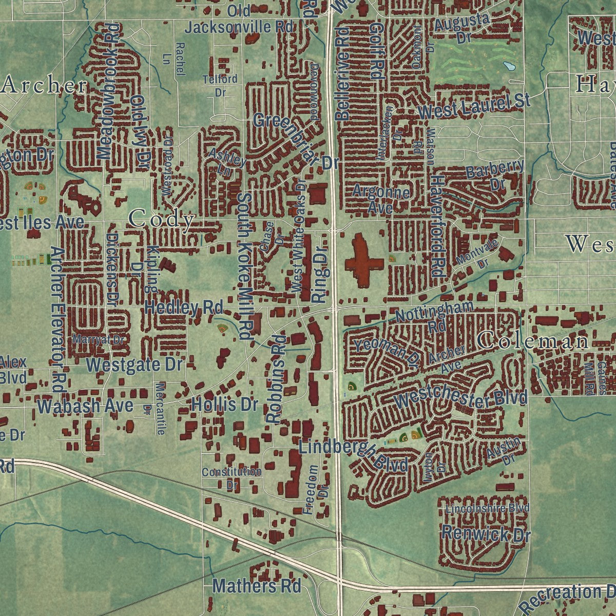 Second close-up of the map of Springfield, Illinois print showing more streets and buildings