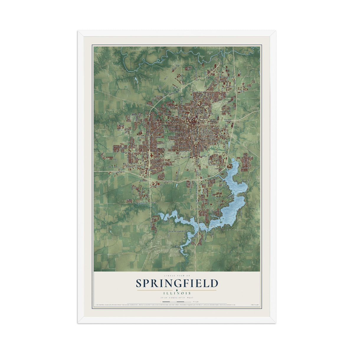 Map of Springfield, Illinois, 12 x 18 inch print in a white wood frame