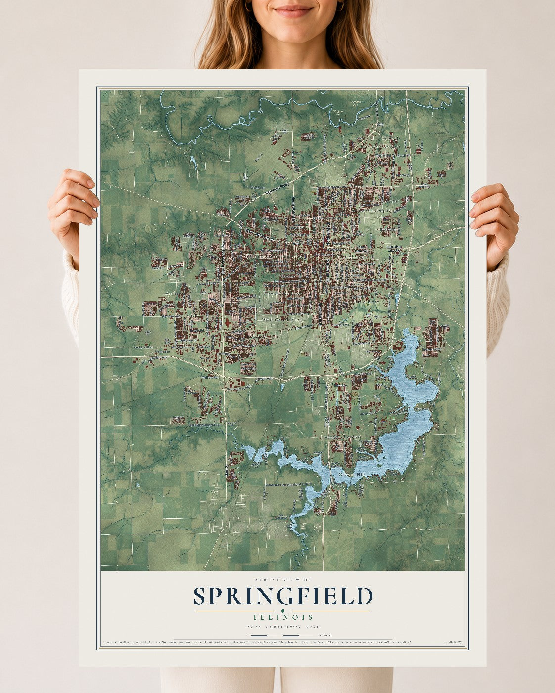 Map of Springfield, Illinois, 24 x 36 inch unframed archival matte print