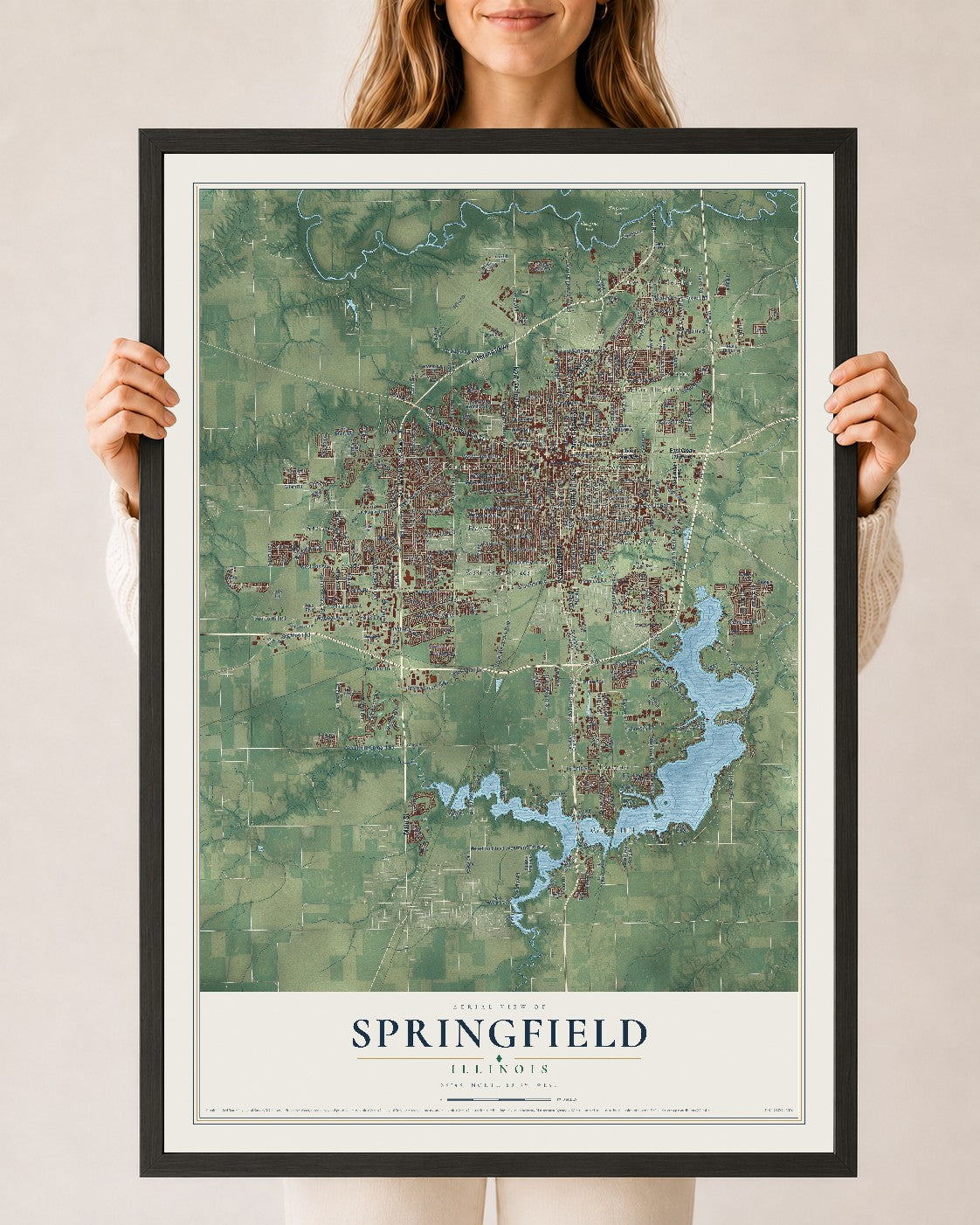 Map of Springfield, Illinois, 24 x 36 inch print in a black wood frame