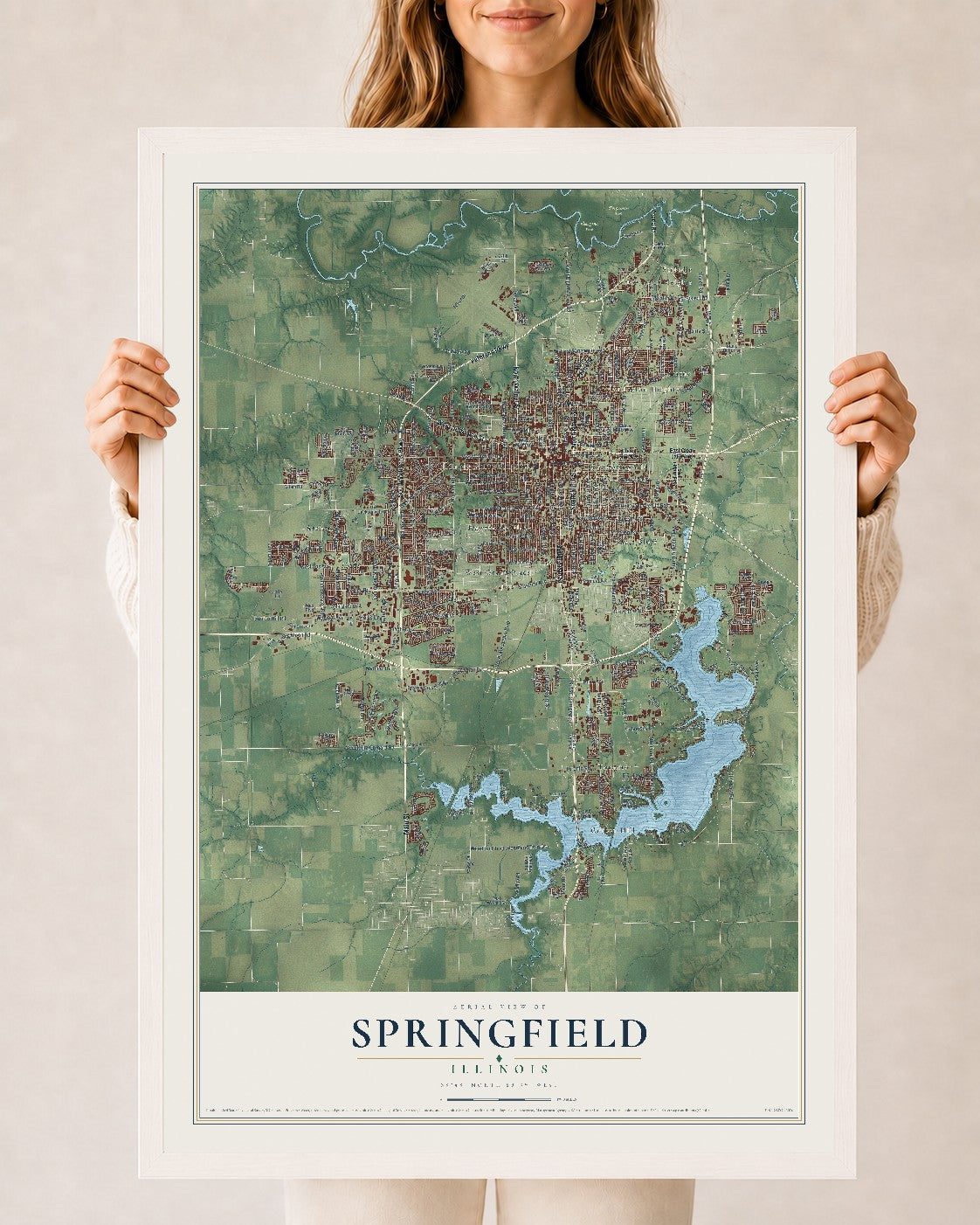 Map of Springfield, Illinois, 24 x 36 inch print in a white wood frame