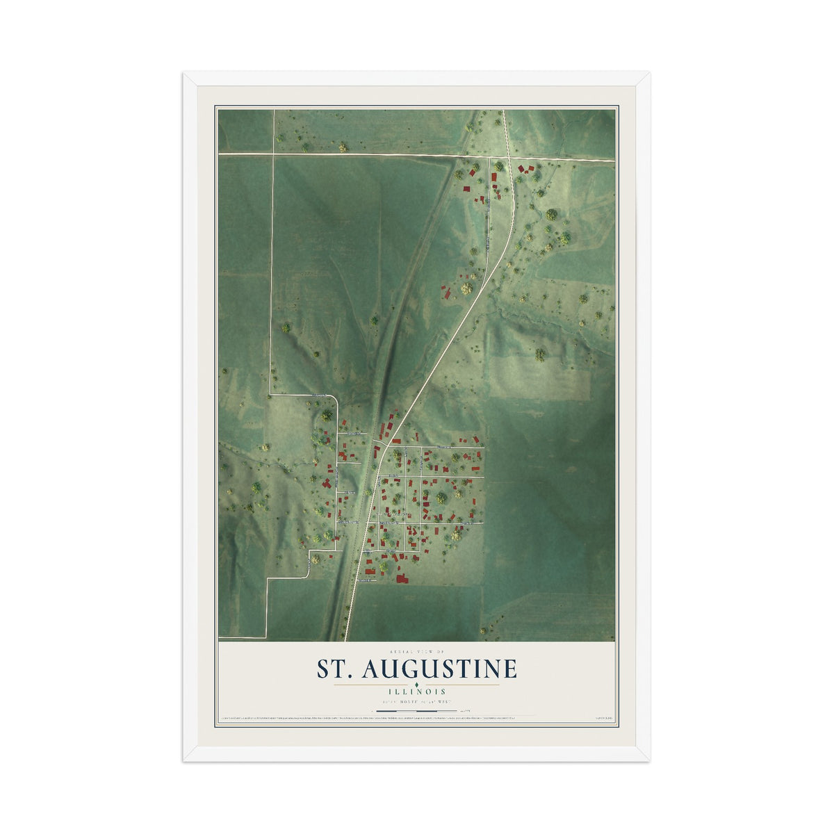 Map of St. Augustine, Illinois, 12 x 18 inch print in a white wood frame