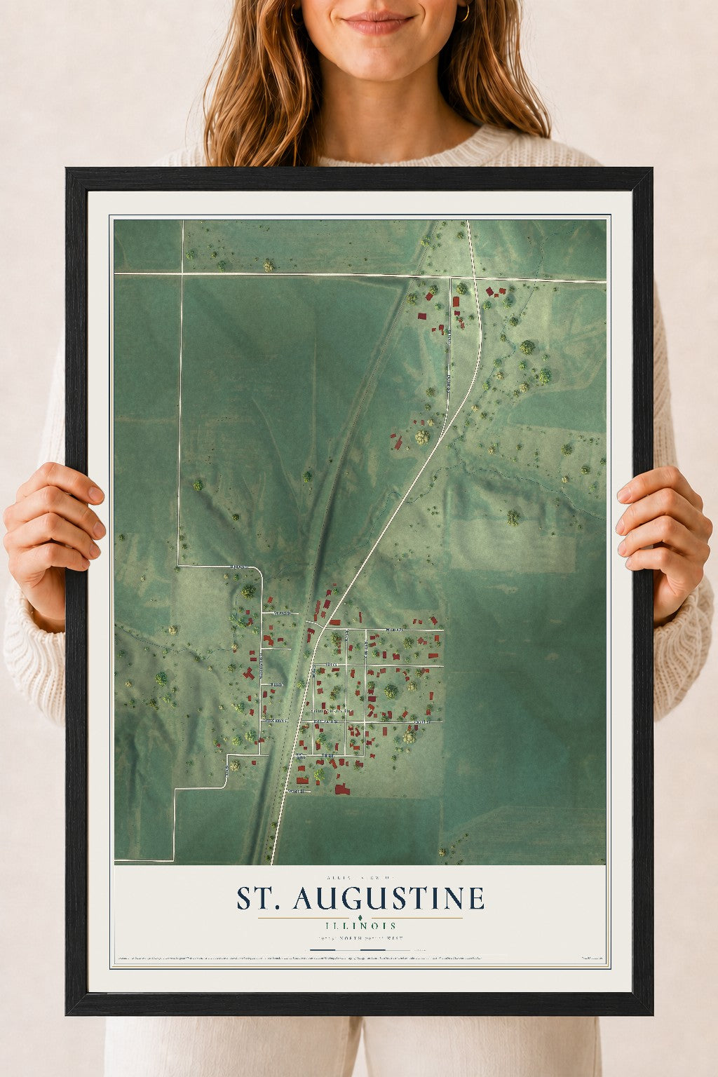 Map of St. Augustine, Illinois, 18 x 24 inch print in a black wood frame