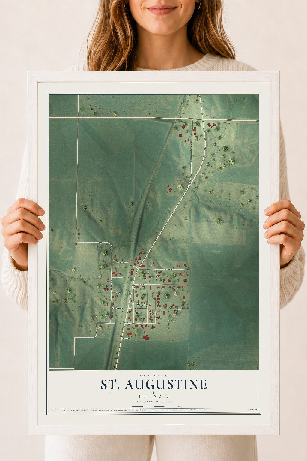 Map of St. Augustine, Illinois, 18 x 24 inch print in a white wood frame