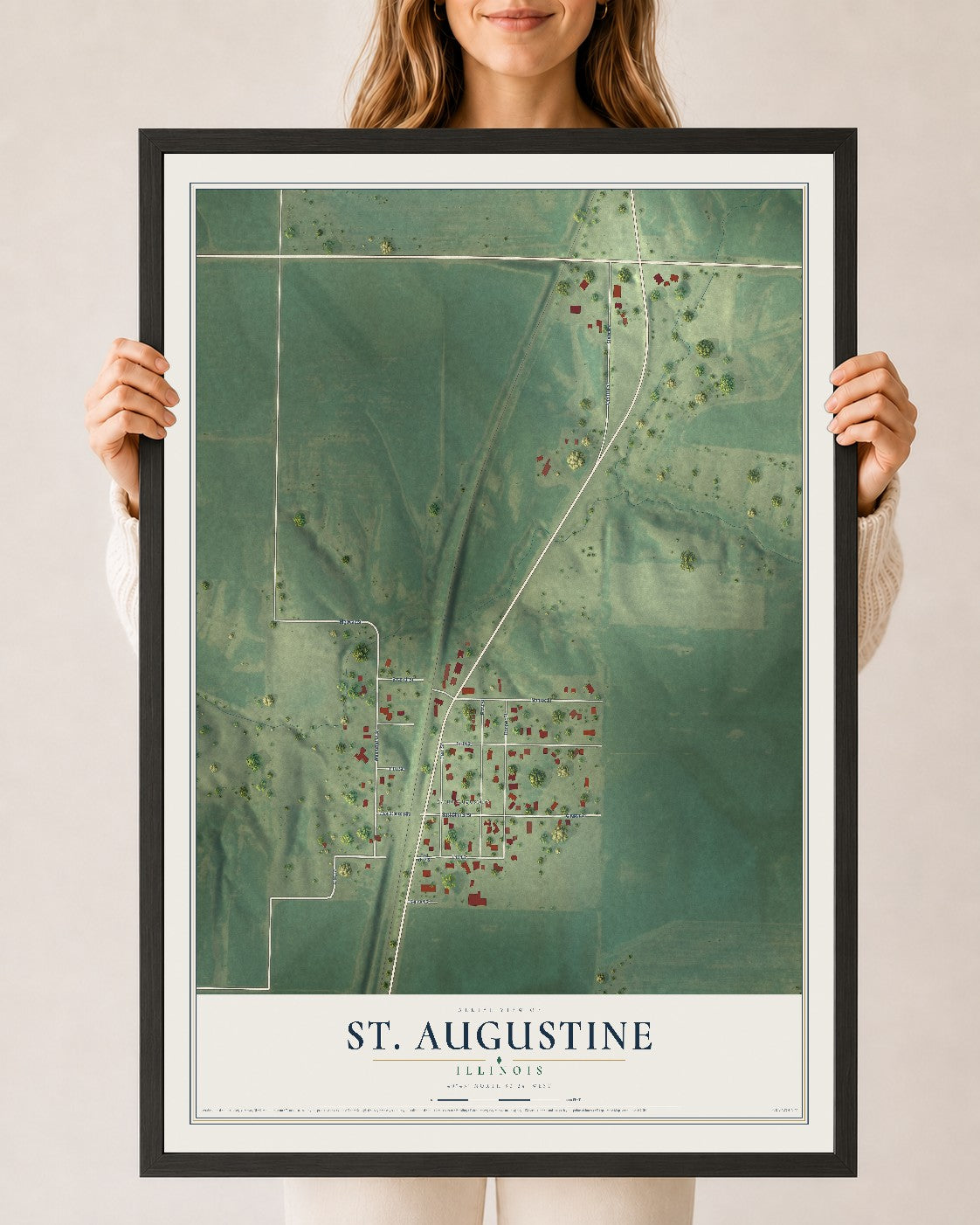 Map of St. Augustine, Illinois, 24 x 36 inch print in a black wood frame