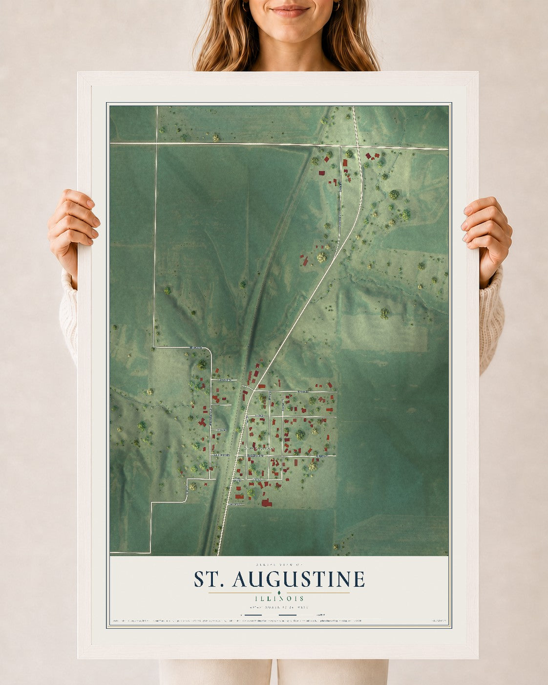 Map of St. Augustine, Illinois, 24 x 36 inch print in a white wood frame