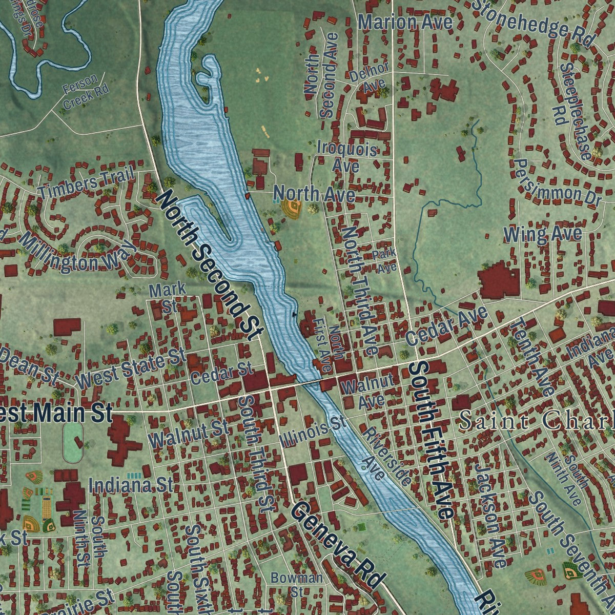 Close-up of the map of St. Charles, Illinois print showing street and building detail