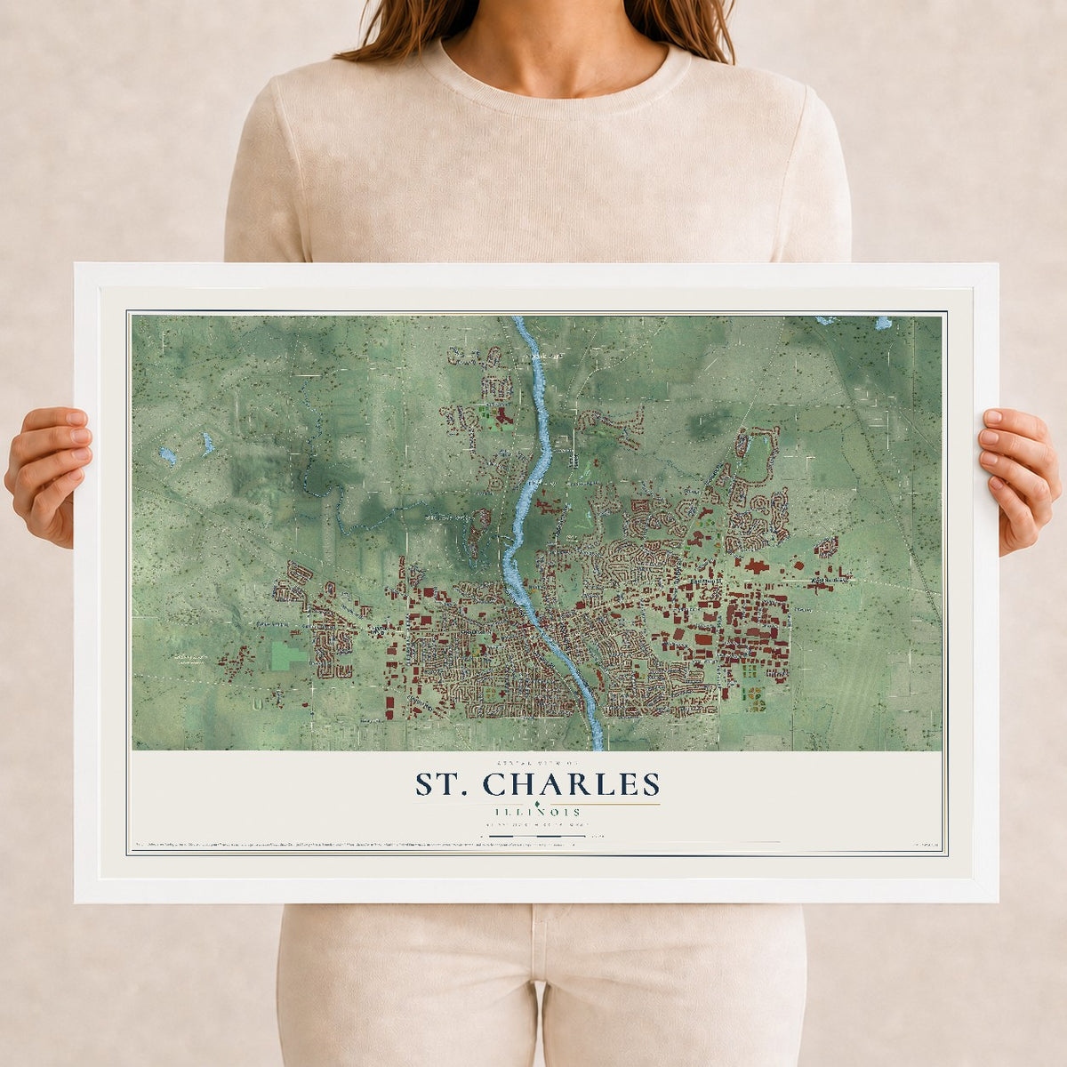 Map of St. Charles, Illinois, 12 x 18 inch print in a white wood frame