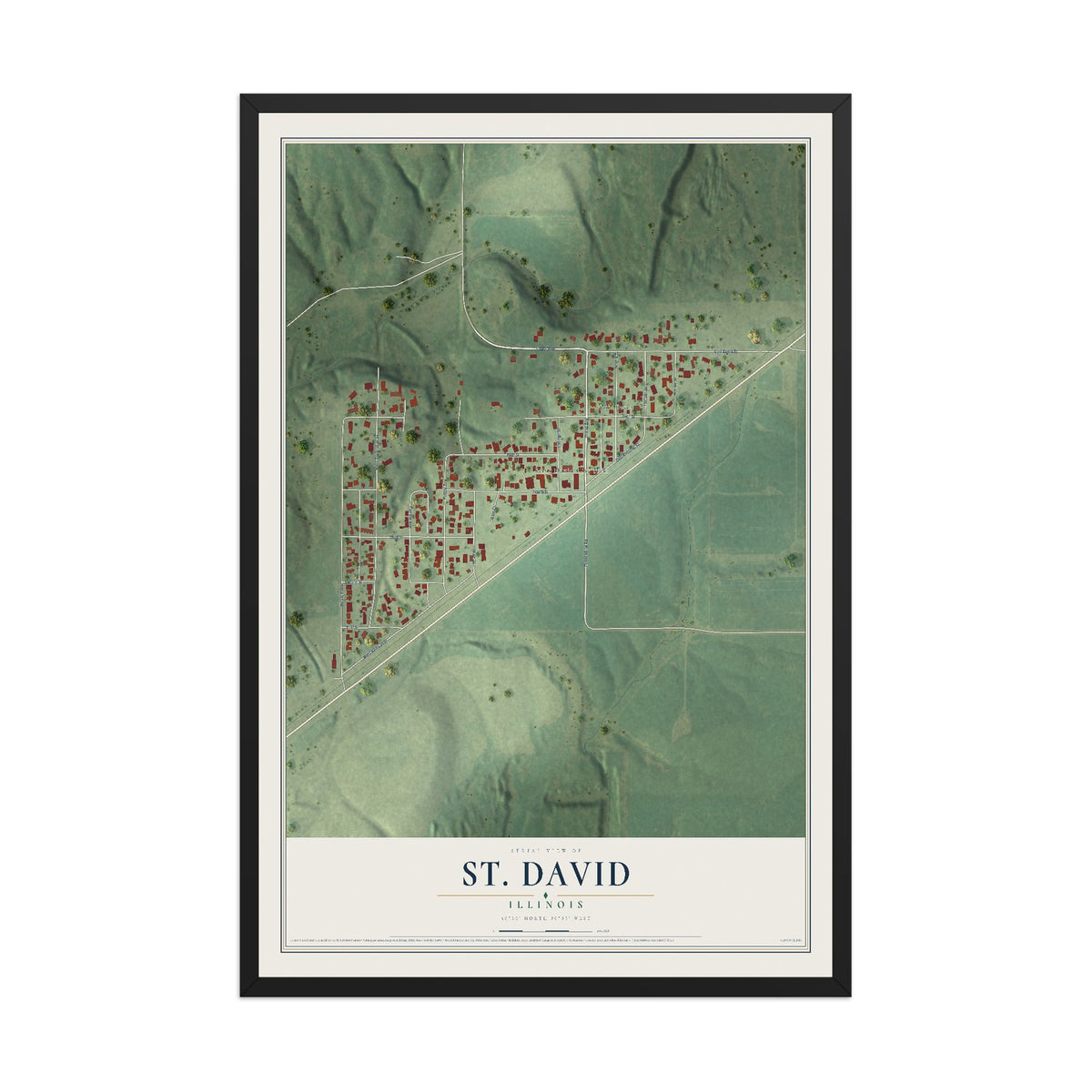 Map of St. David, Illinois, 12 x 18 inch print in a black wood frame