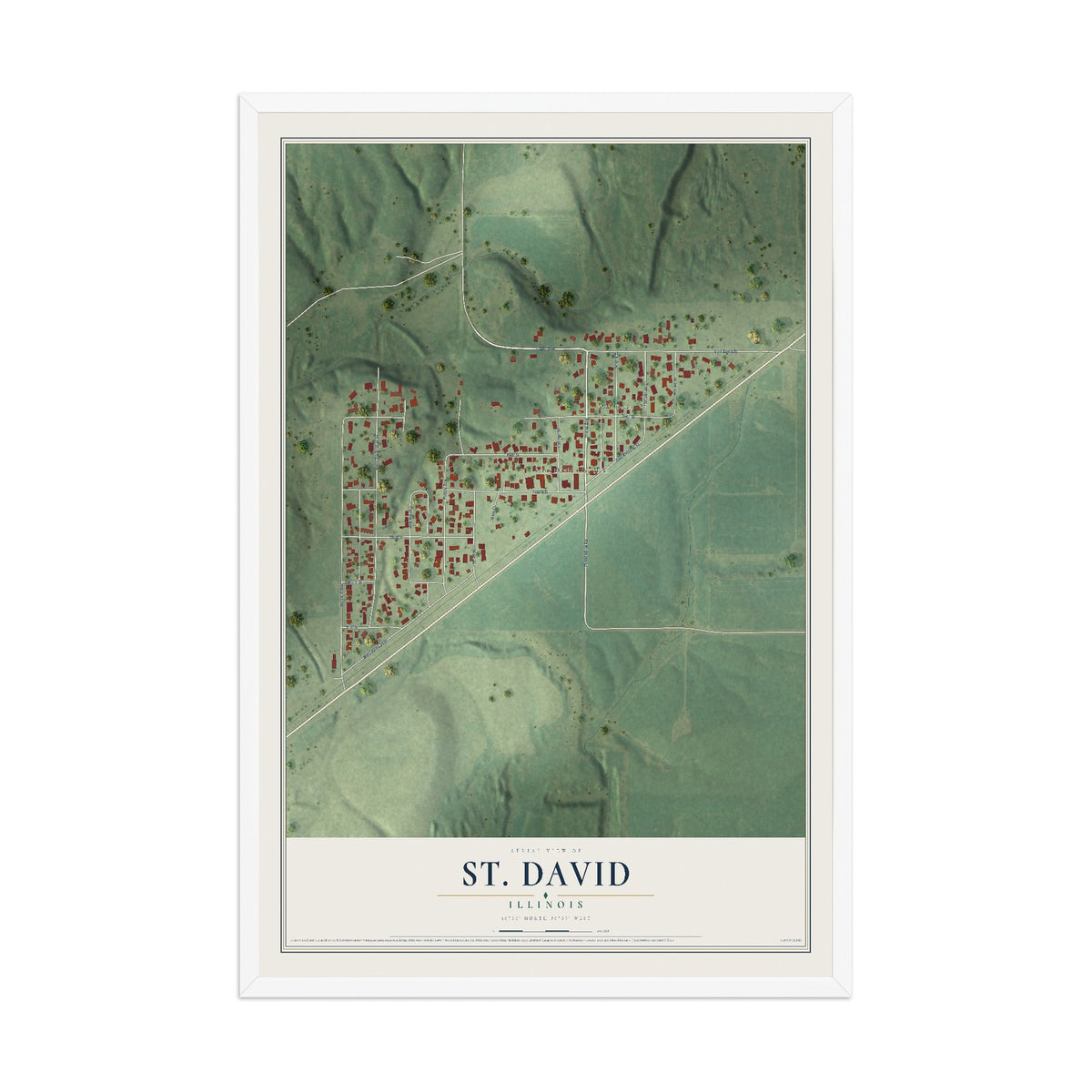 Map of St. David, Illinois, 12 x 18 inch print in a white wood frame