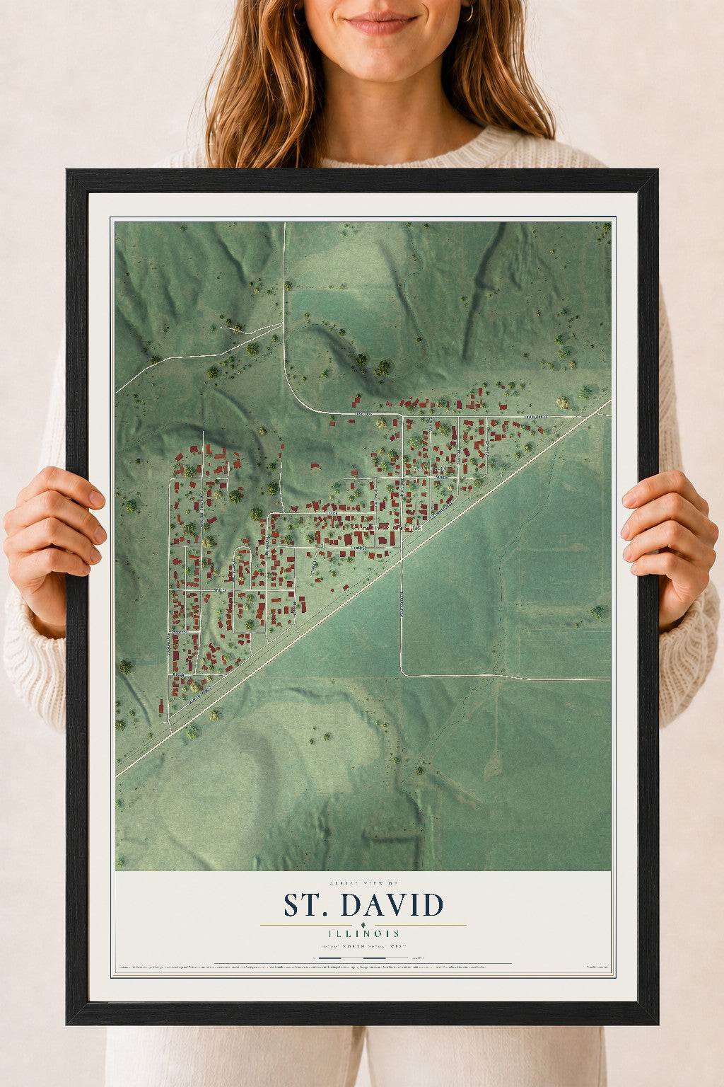 Map of St. David, Illinois, 18 x 24 inch print in a black wood frame