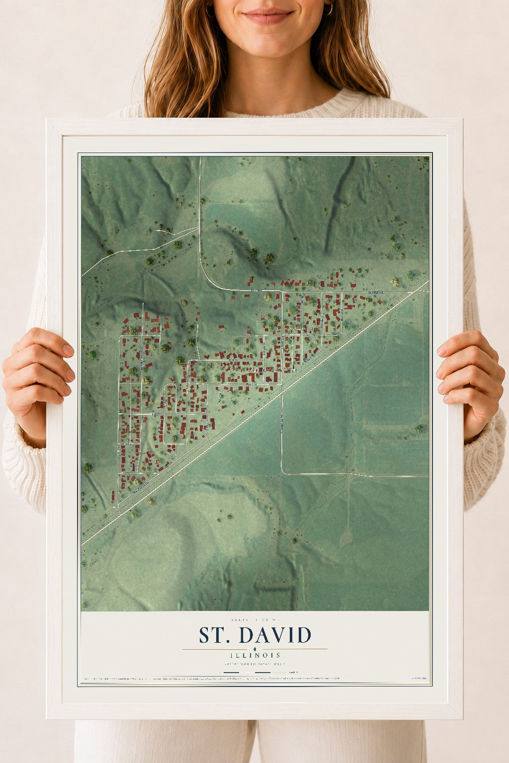 Map of St. David, Illinois, 18 x 24 inch print in a white wood frame