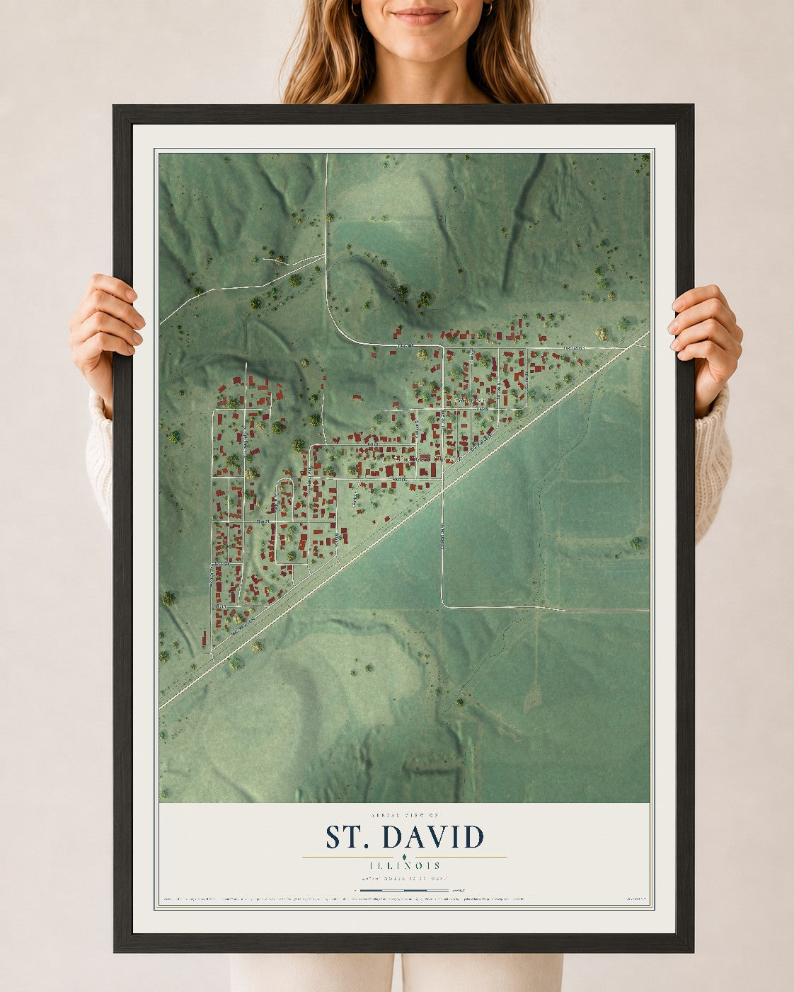 Map of St. David, Illinois, 24 x 36 inch print in a black wood frame