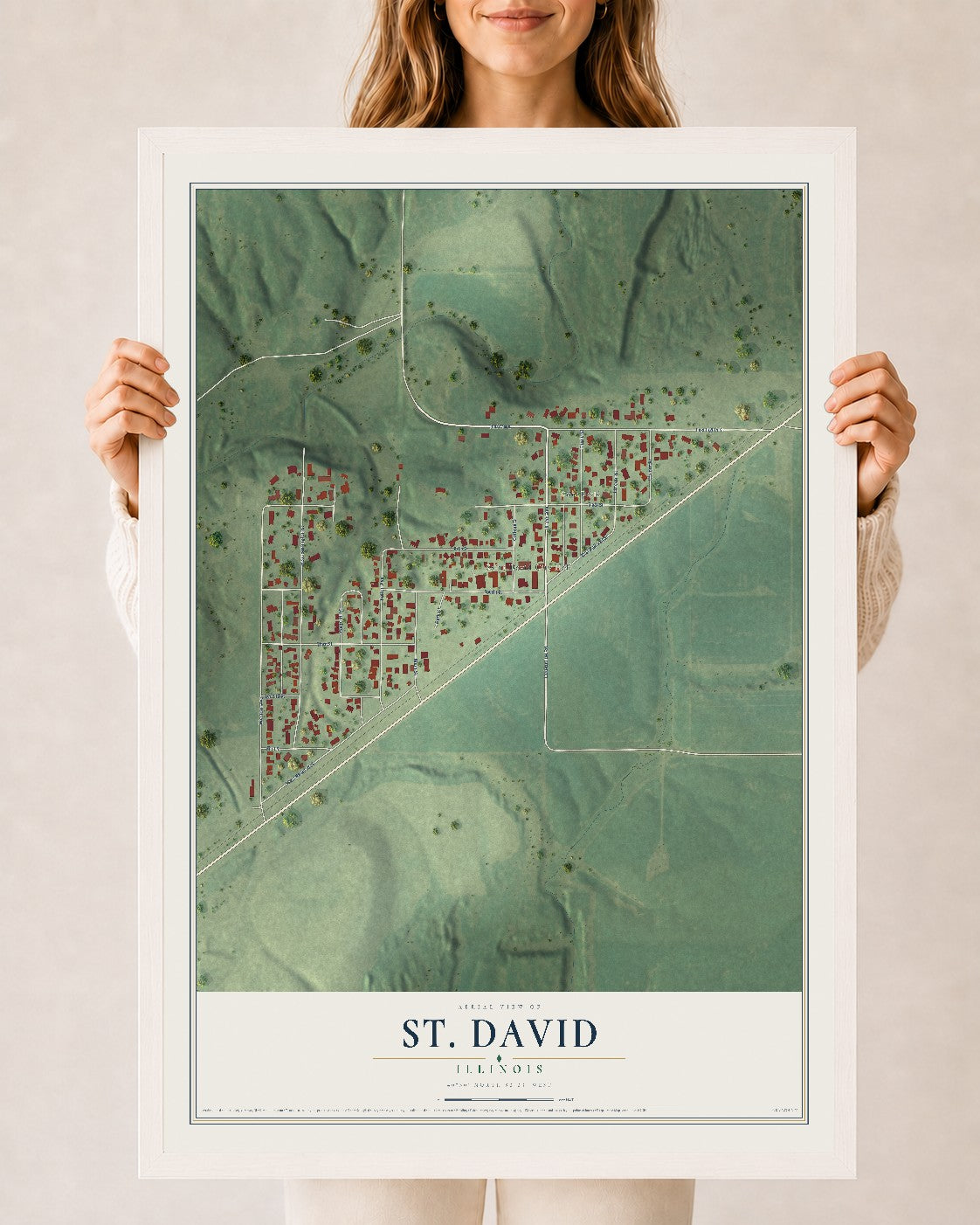 Map of St. David, Illinois, 24 x 36 inch print in a white wood frame