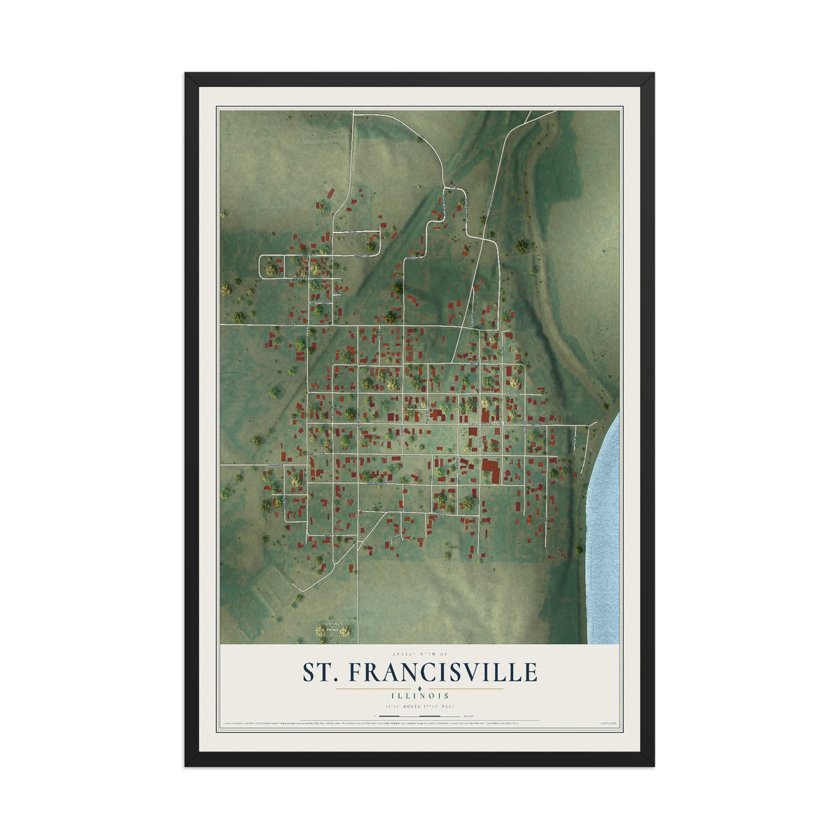 Map of St. Francisville, Illinois, 12 x 18 inch print in a black wood frame