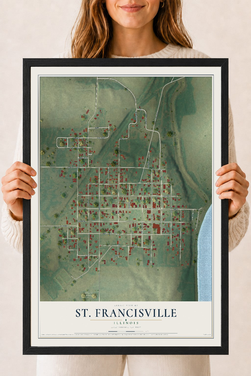 Map of St. Francisville, Illinois, 18 x 24 inch print in a black wood frame