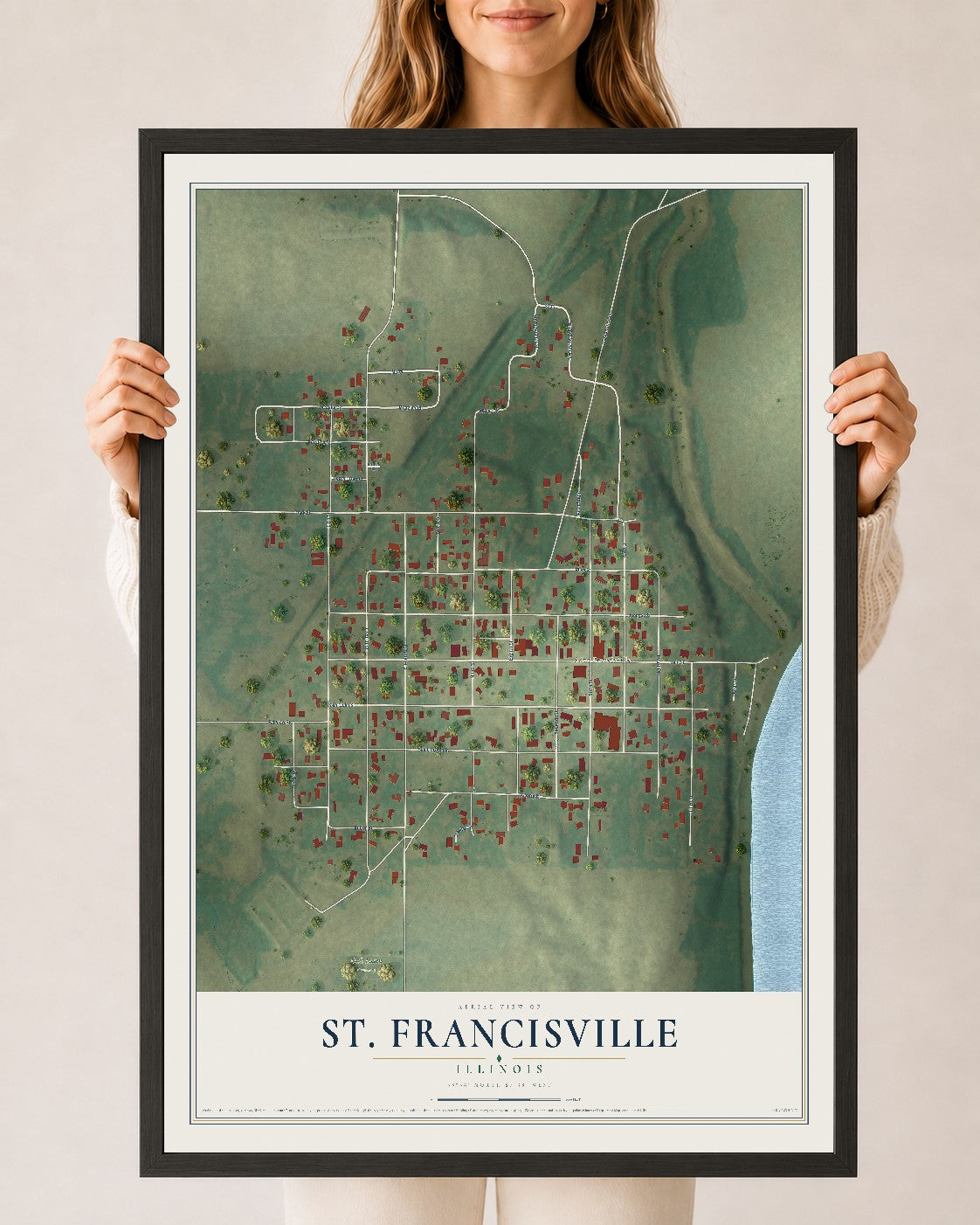 Map of St. Francisville, Illinois, 24 x 36 inch print in a black wood frame