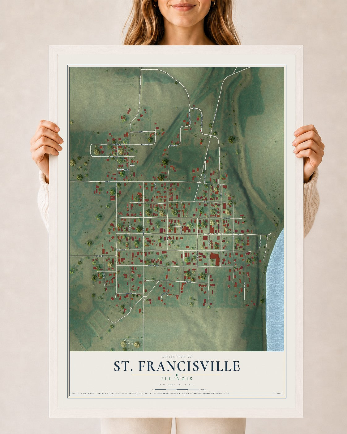 Map of St. Francisville, Illinois, 24 x 36 inch print in a white wood frame