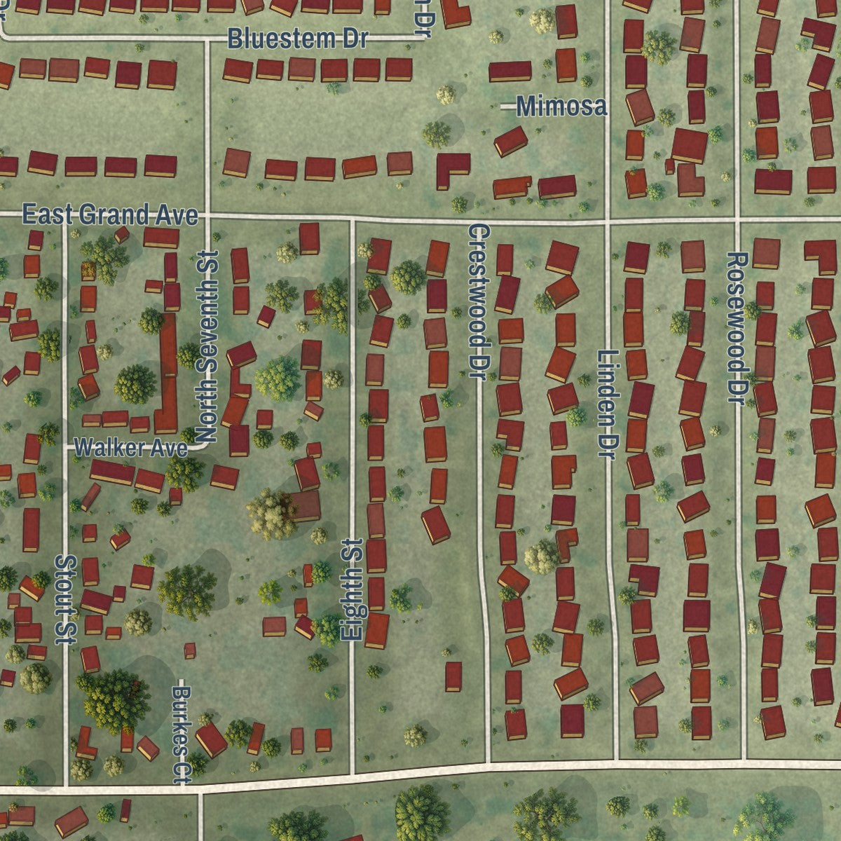 Second close-up of the map of St. Joseph, Illinois print showing more streets and buildings