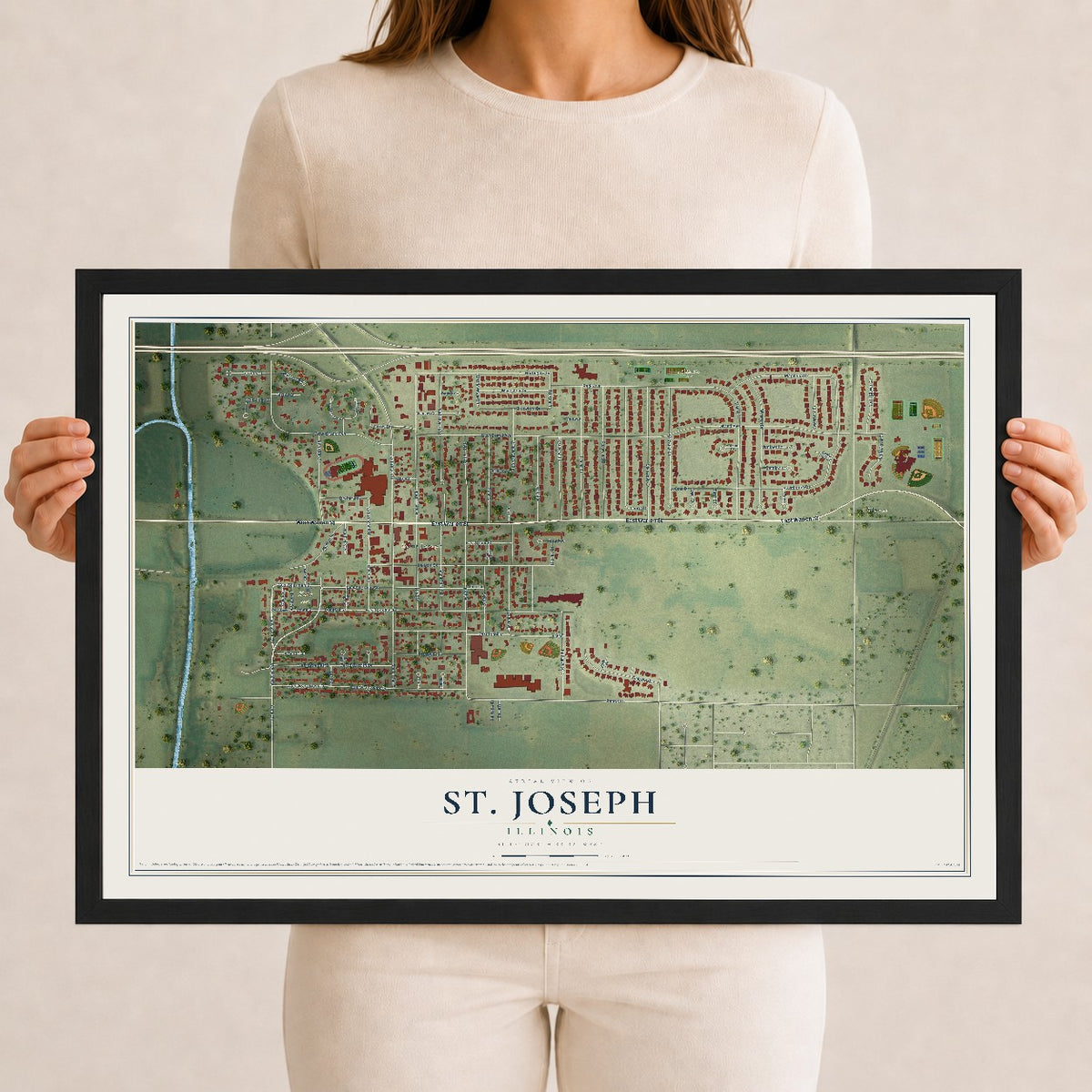 Map of St. Joseph, Illinois, 12 x 18 inch print in a black wood frame
