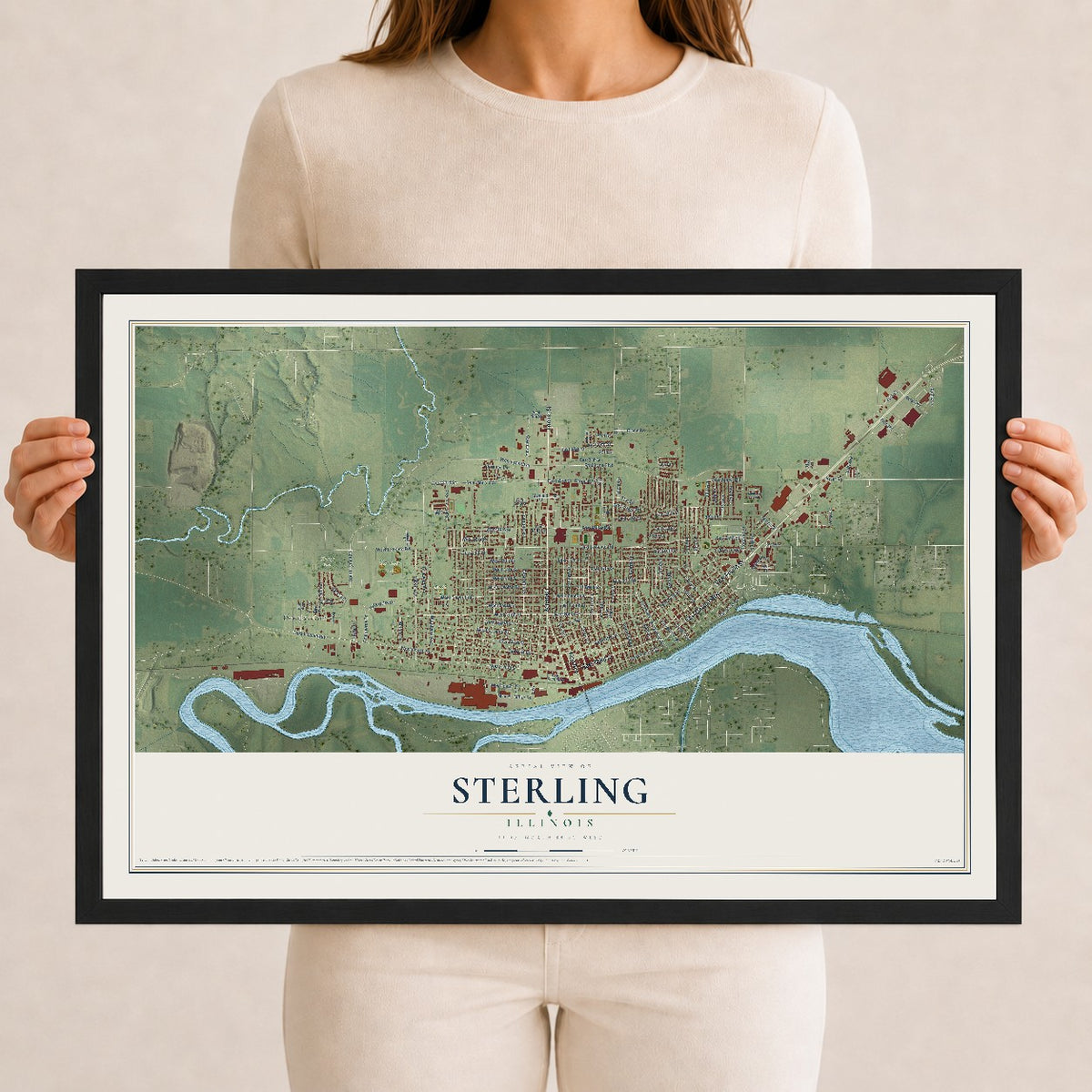 Map of Sterling, Illinois, 12 x 18 inch print in a black wood frame