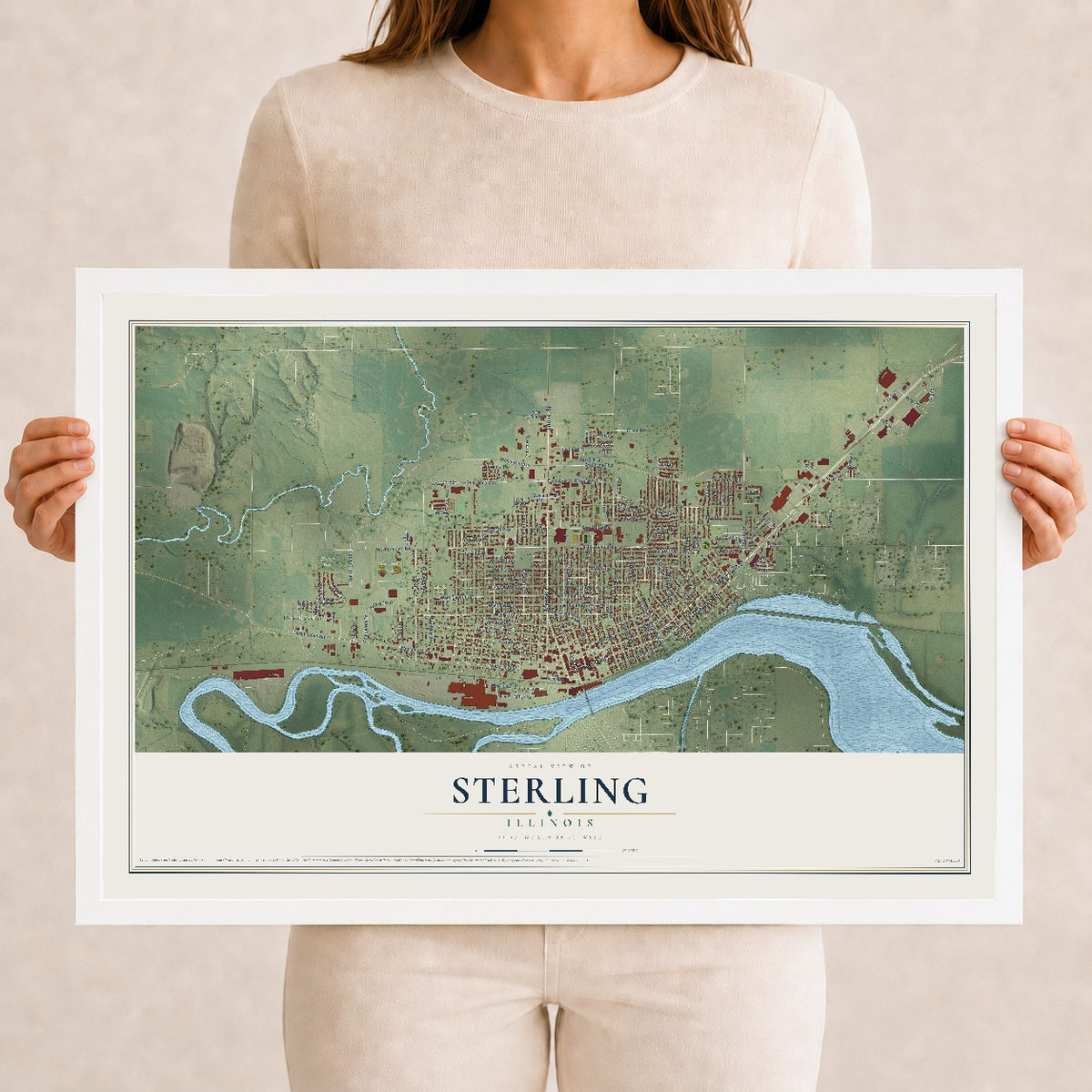 Map of Sterling, Illinois, 12 x 18 inch print in a white wood frame