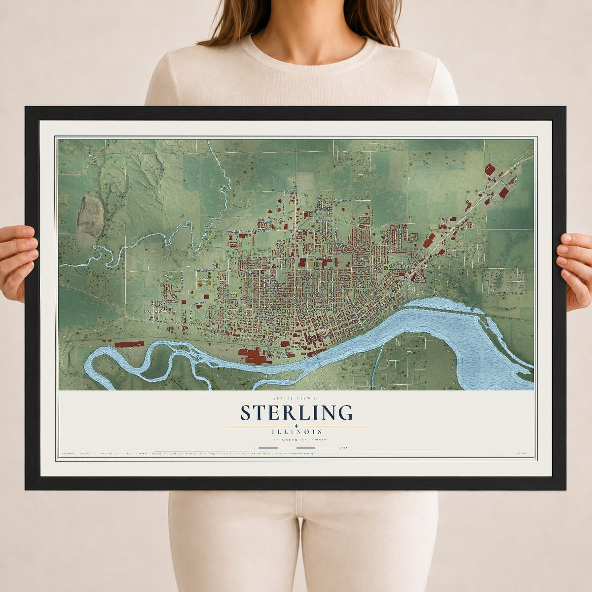 Map of Sterling, Illinois, 18 x 24 inch print in a black wood frame
