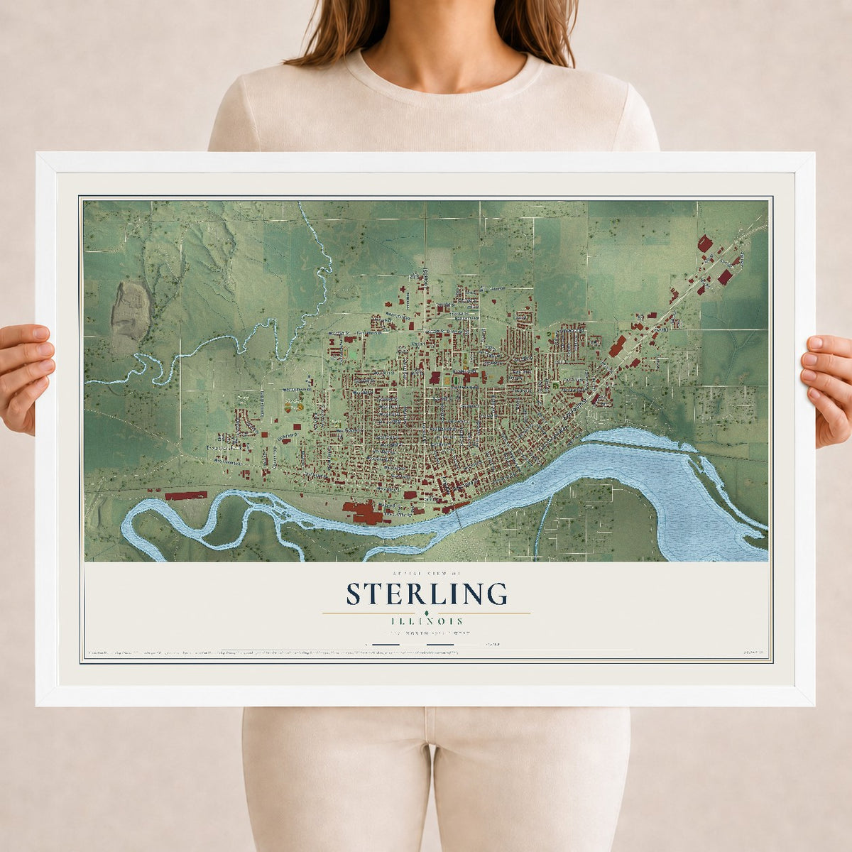 Map of Sterling, Illinois, 18 x 24 inch print in a white wood frame