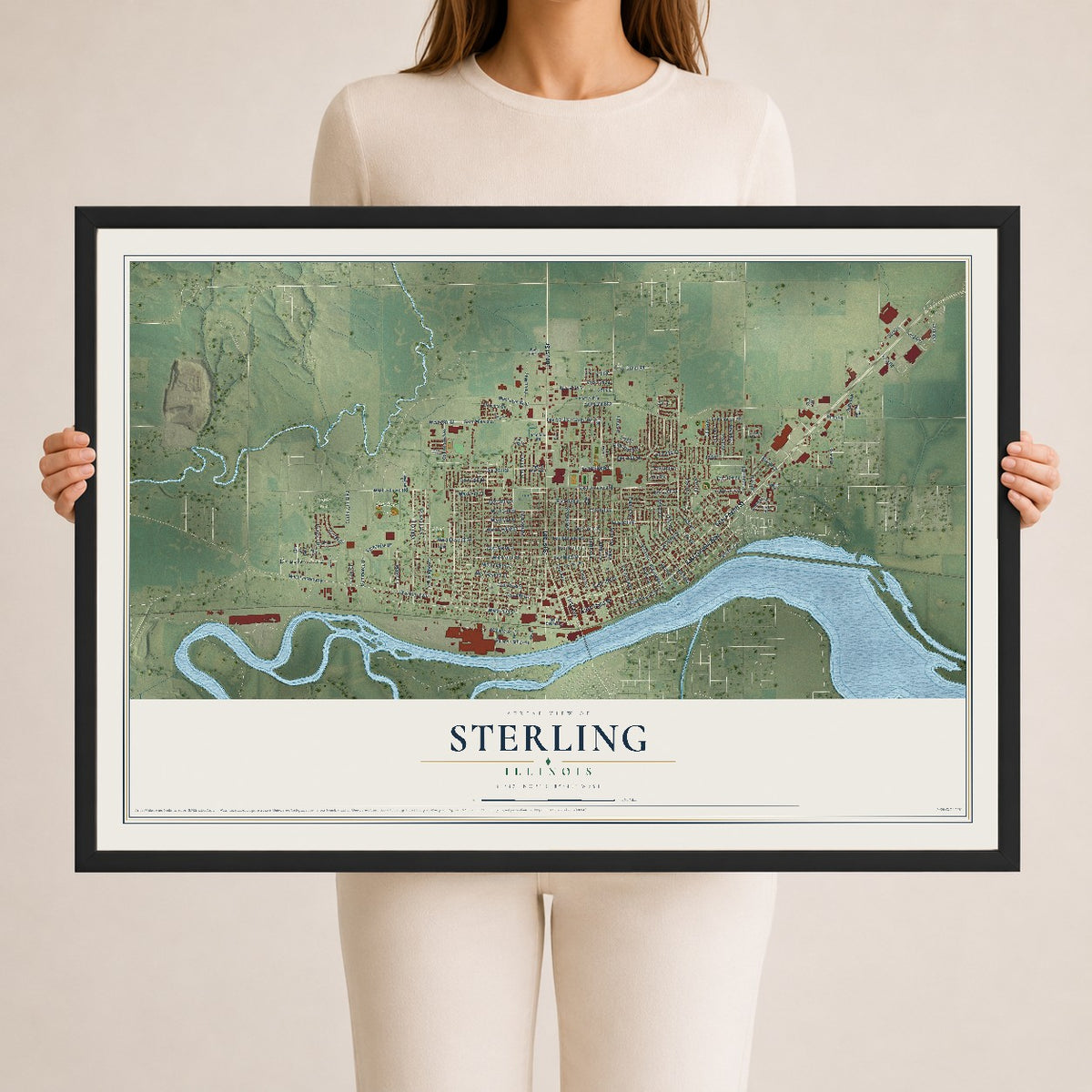 Map of Sterling, Illinois, 24 x 36 inch print in a black wood frame
