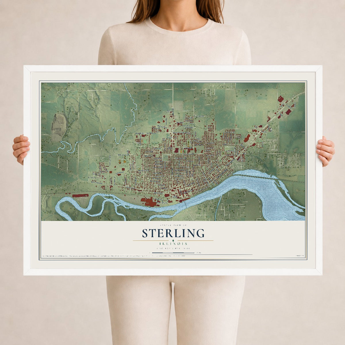 Map of Sterling, Illinois, 24 x 36 inch print in a white wood frame
