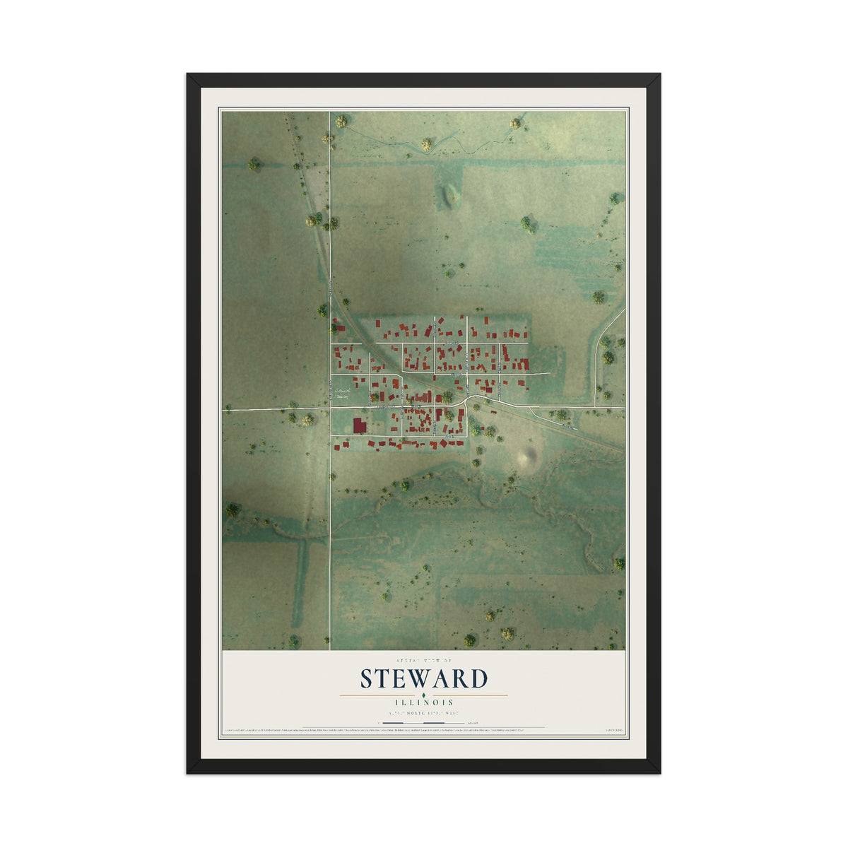 Map of Steward, Illinois, 12 x 18 inch print in a black wood frame
