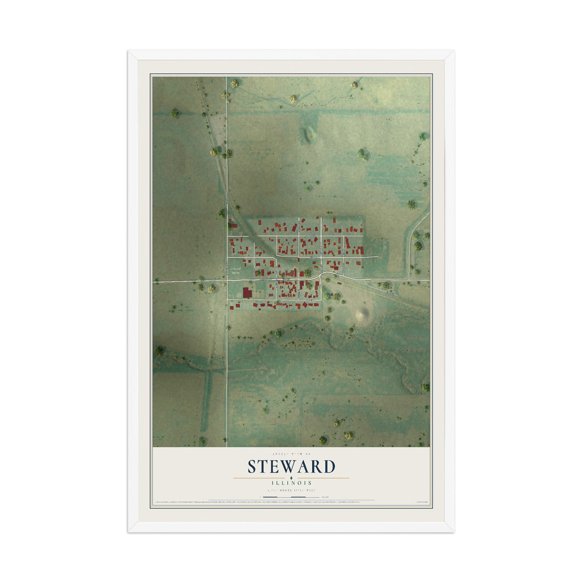Map of Steward, Illinois, 12 x 18 inch print in a white wood frame