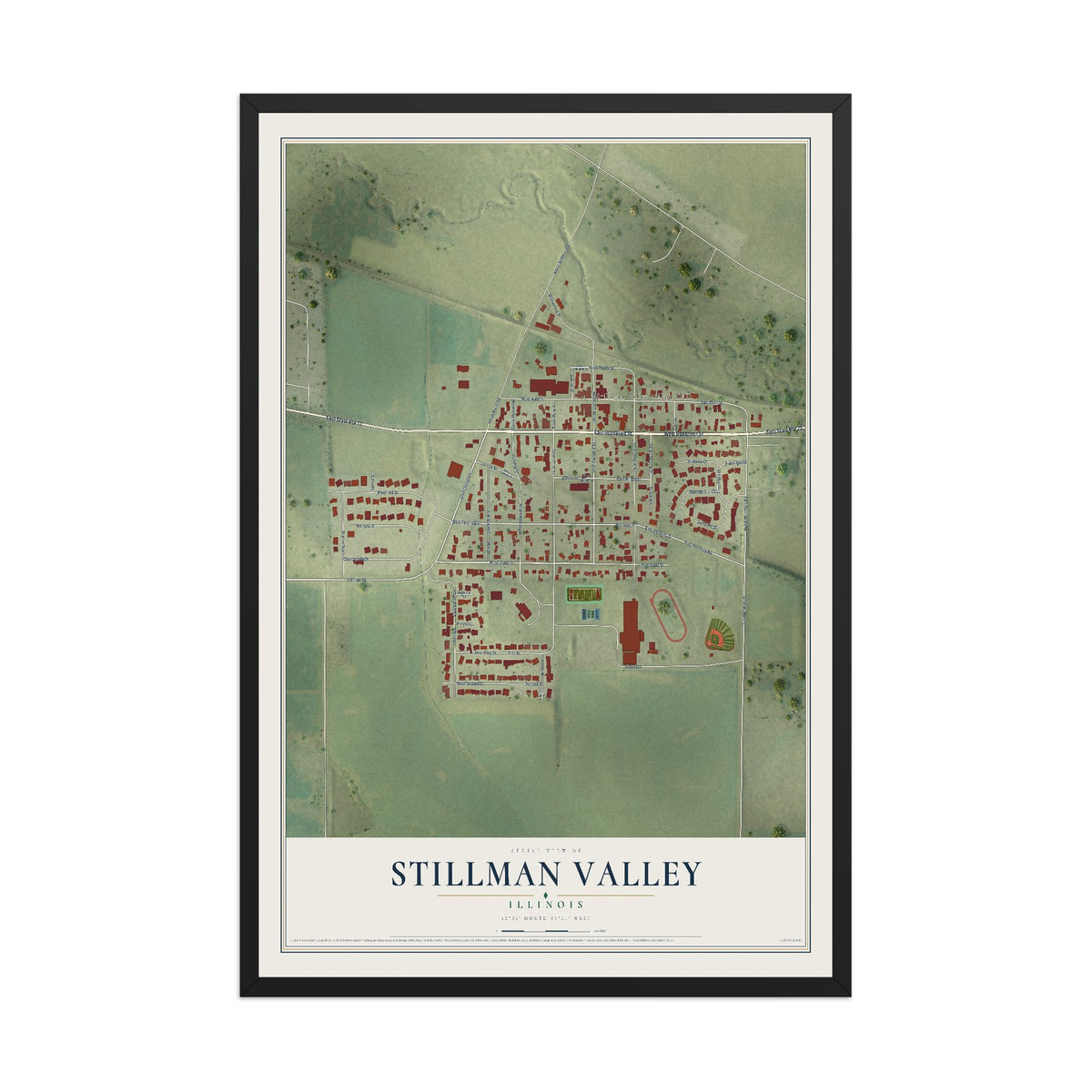 Map of Stillman Valley, Illinois, 12 x 18 inch print in a black wood frame