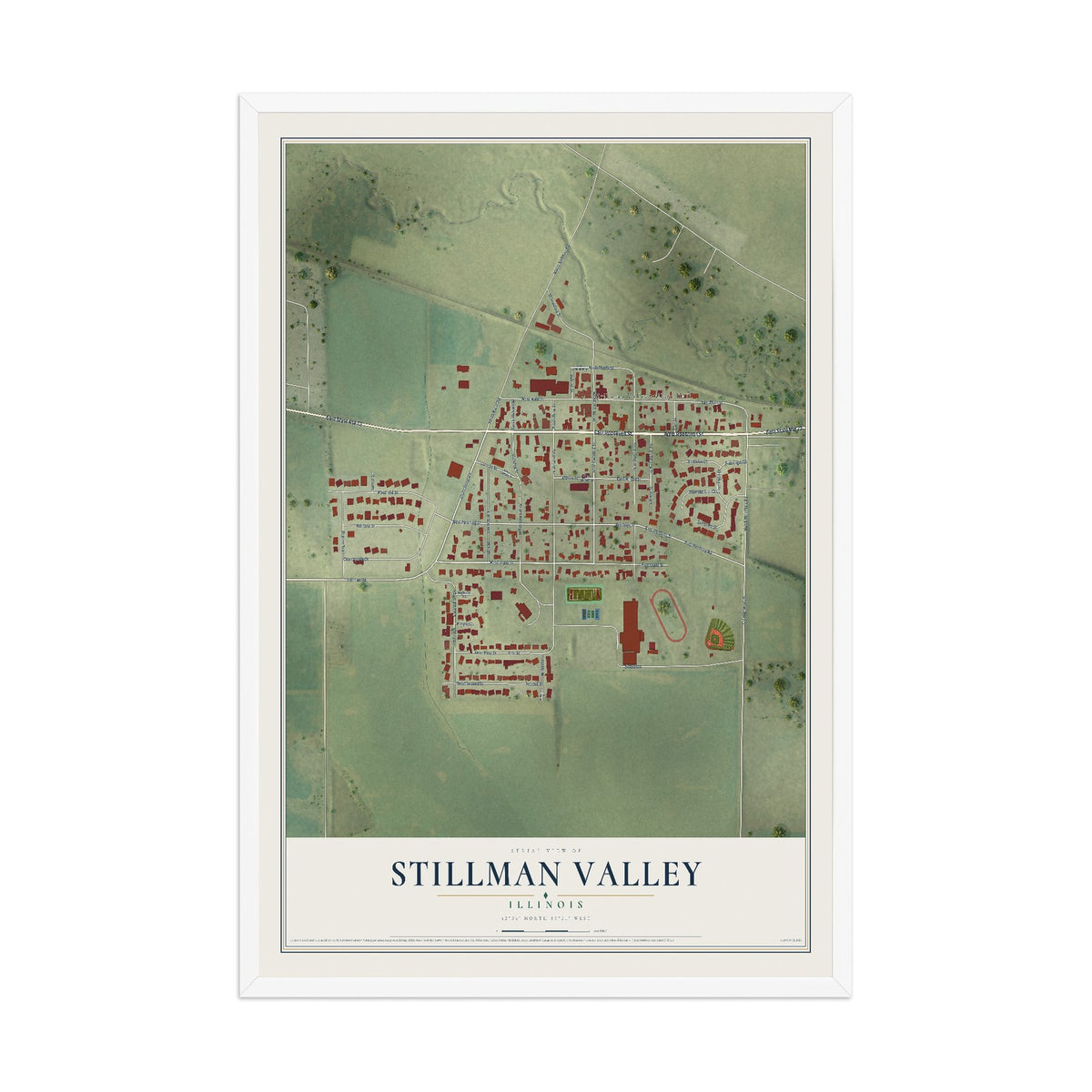 Map of Stillman Valley, Illinois, 12 x 18 inch print in a white wood frame