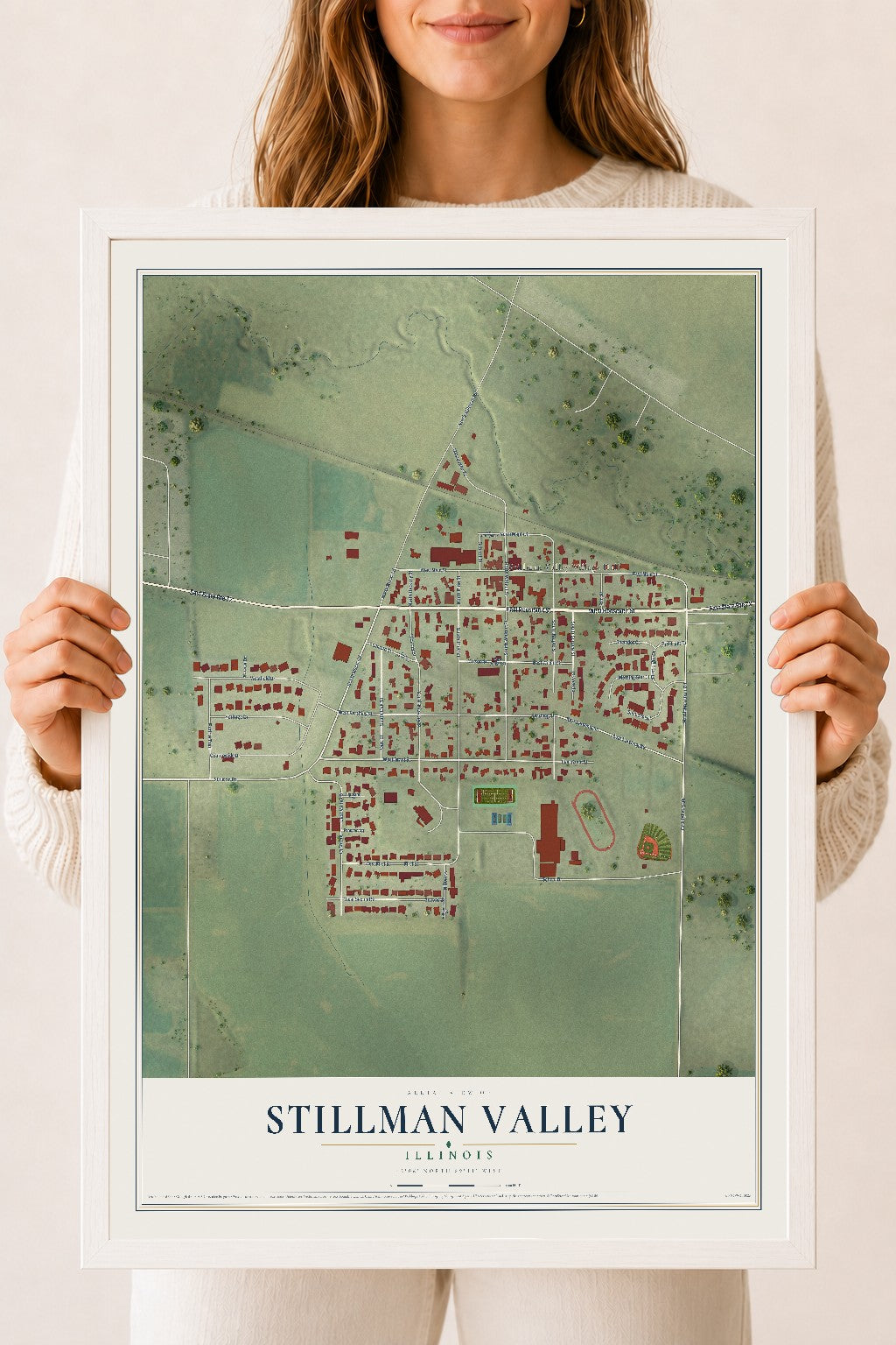 Map of Stillman Valley, Illinois, 18 x 24 inch print in a white wood frame