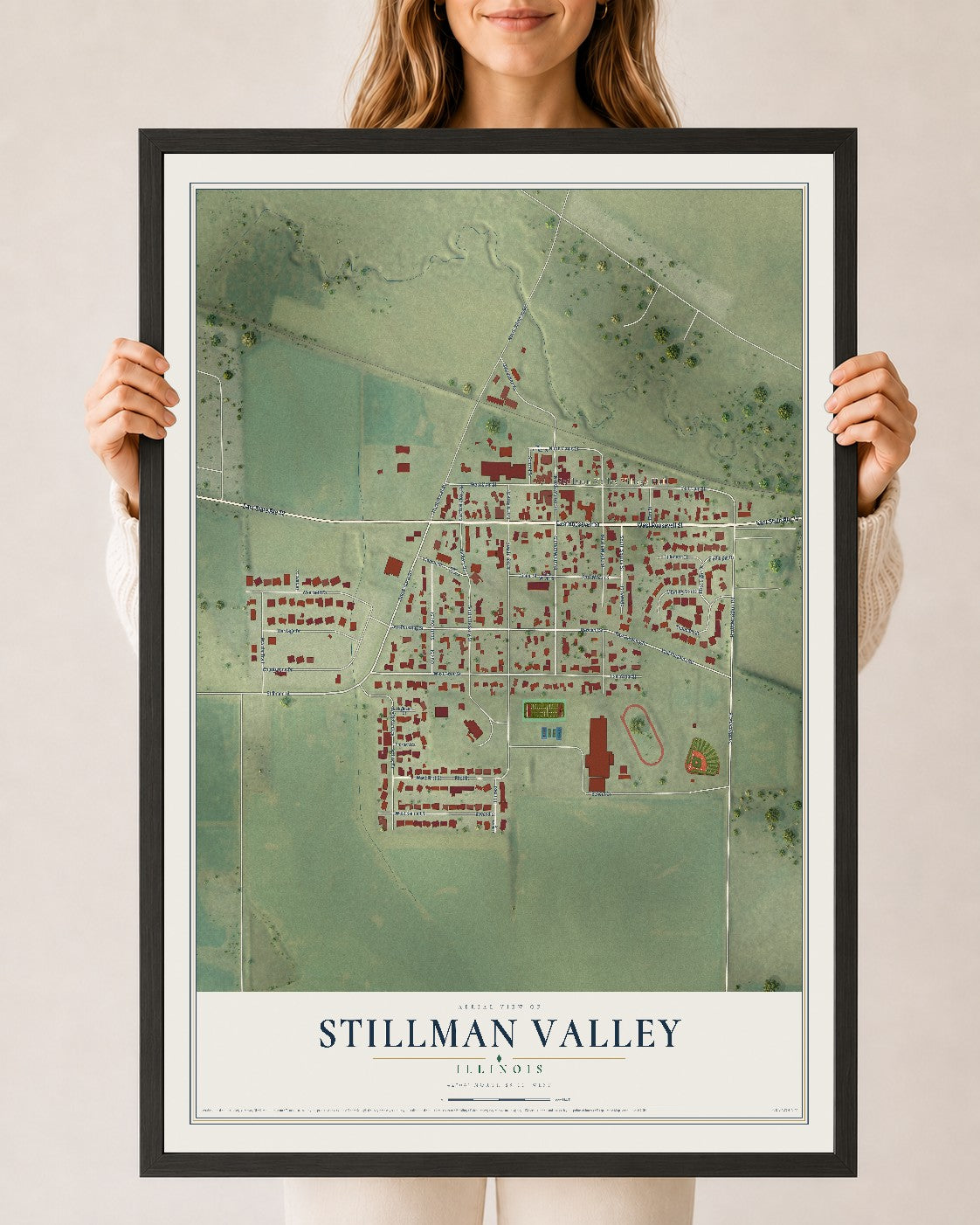 Map of Stillman Valley, Illinois, 24 x 36 inch print in a black wood frame