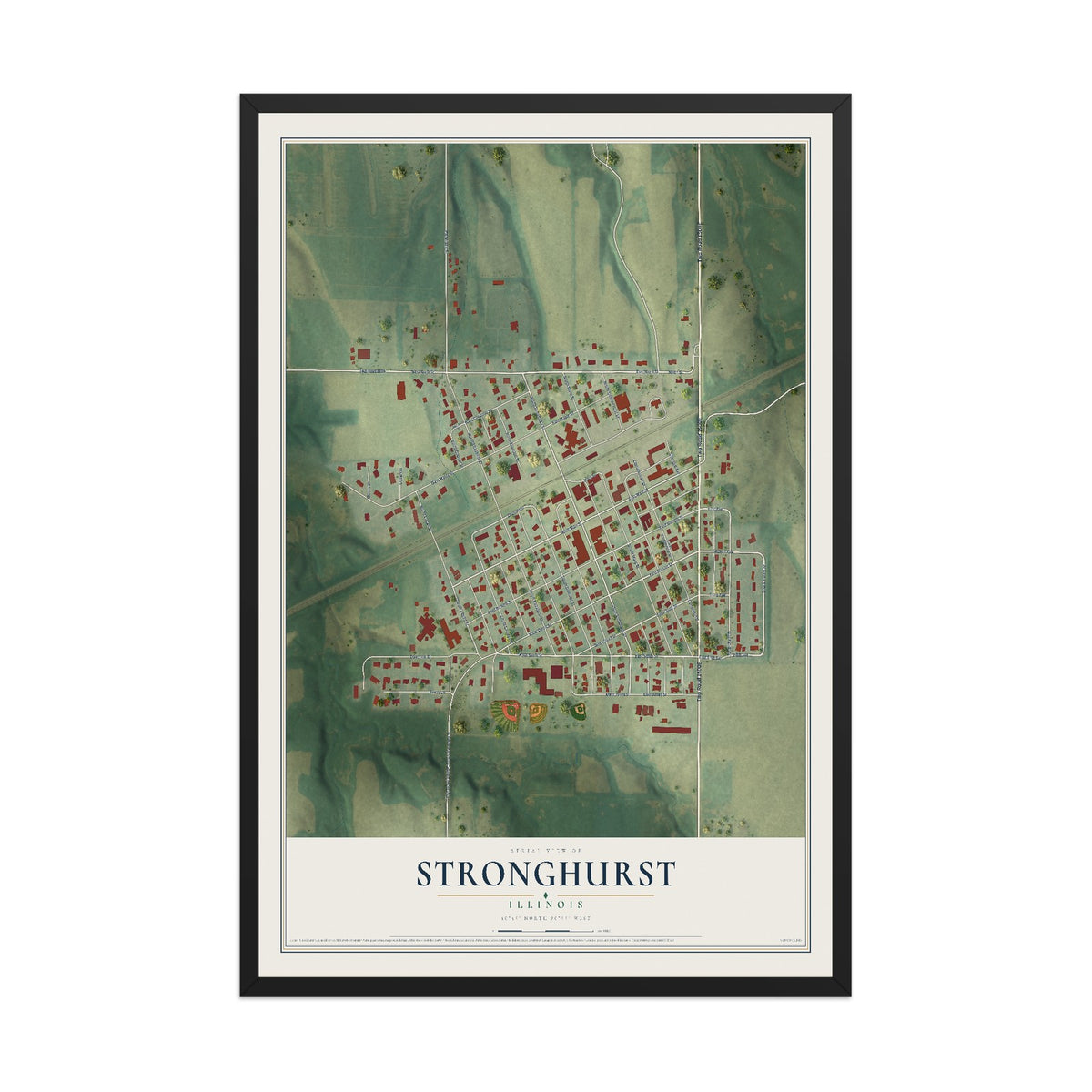 Map of Stronghurst, Illinois, 12 x 18 inch print in a black wood frame