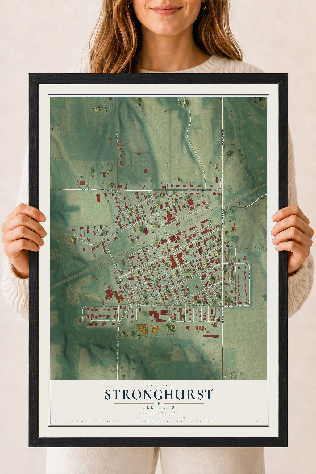 Map of Stronghurst, Illinois, 18 x 24 inch print in a black wood frame