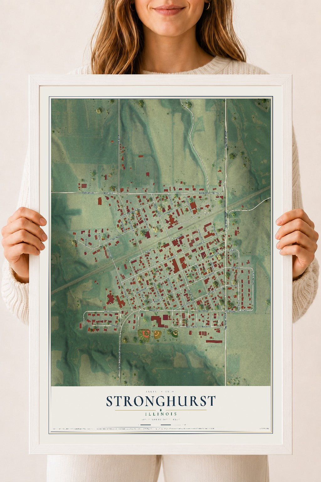 Map of Stronghurst, Illinois, 18 x 24 inch print in a white wood frame
