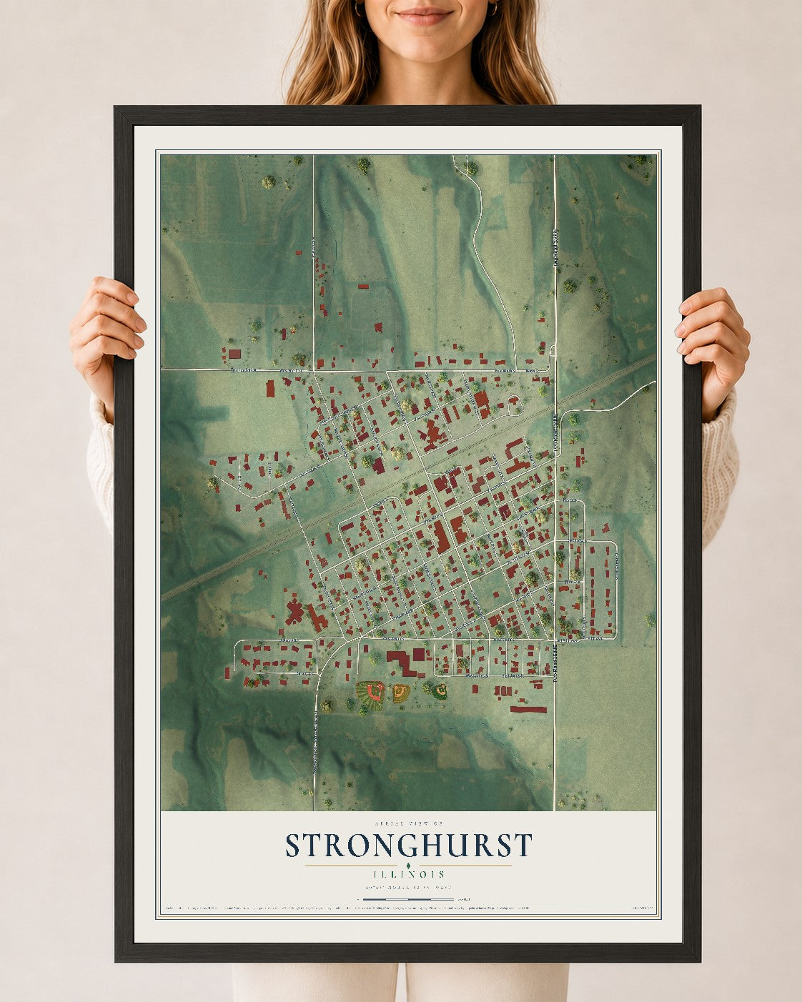 Map of Stronghurst, Illinois, 24 x 36 inch print in a black wood frame