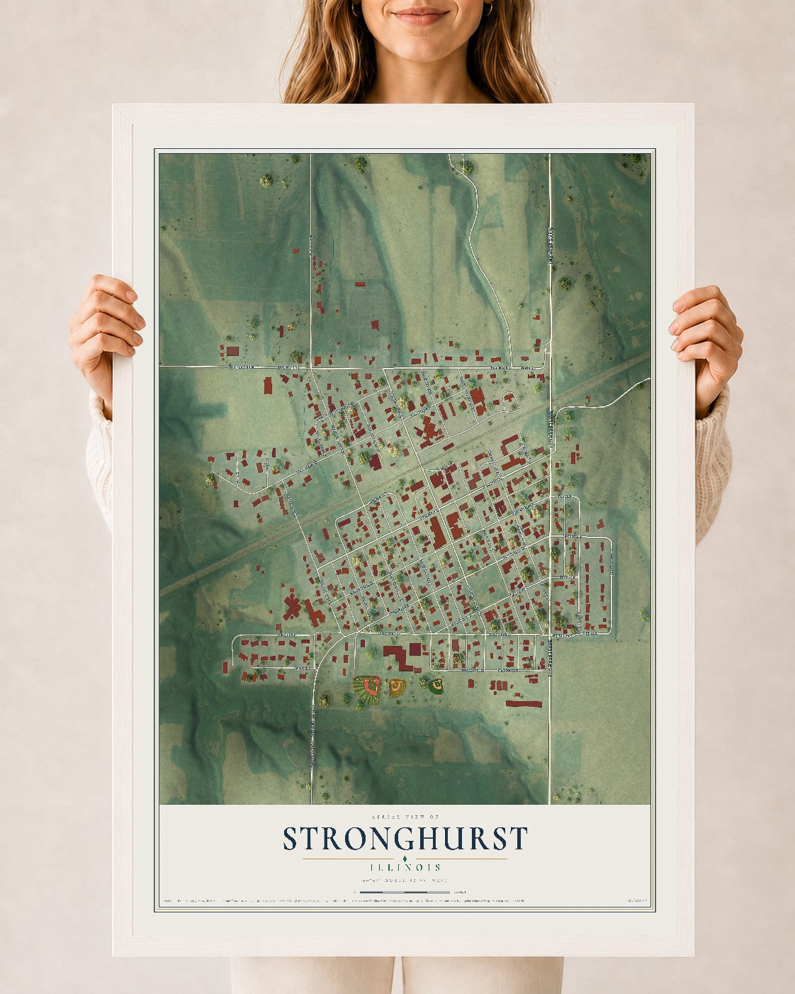 Map of Stronghurst, Illinois, 24 x 36 inch print in a white wood frame