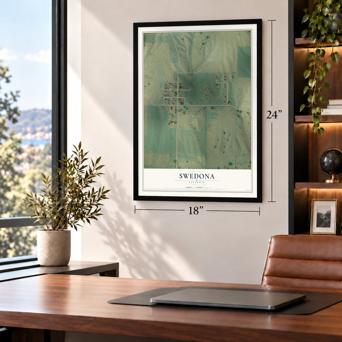 Swedona, Illinois map, 18 x 24 inch print in a black frame in a home office