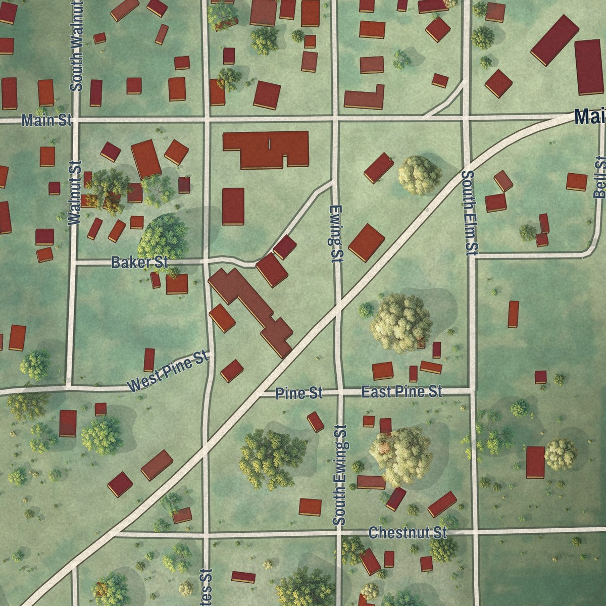 Close-up of the map of Tallula, Illinois print showing street and building detail