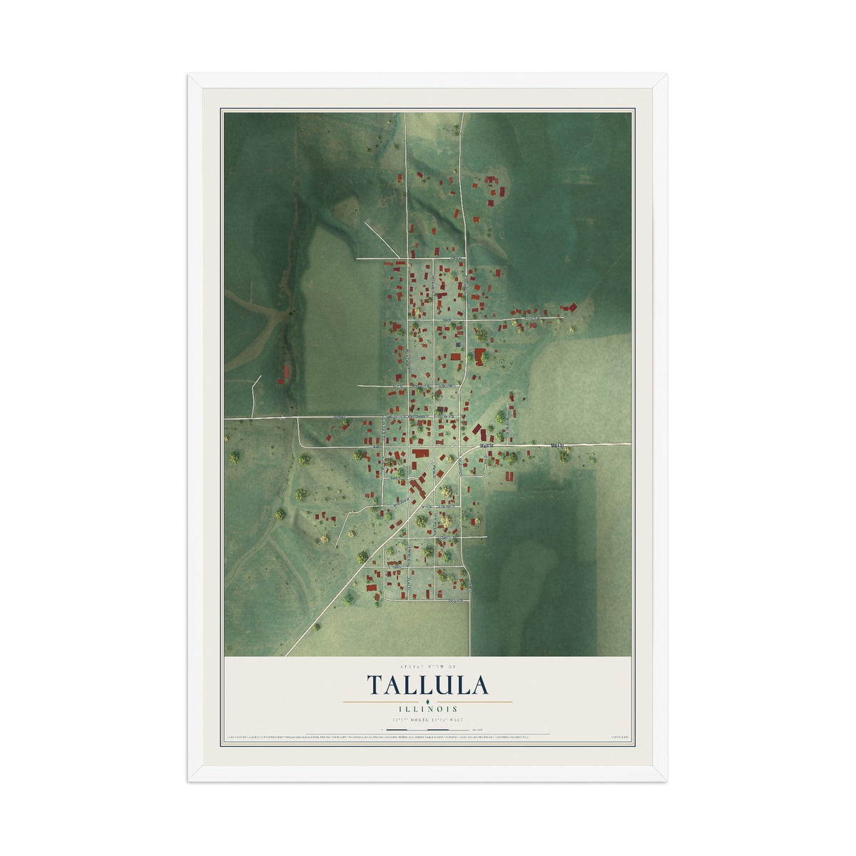 Map of Tallula, Illinois, 12 x 18 inch print in a white wood frame