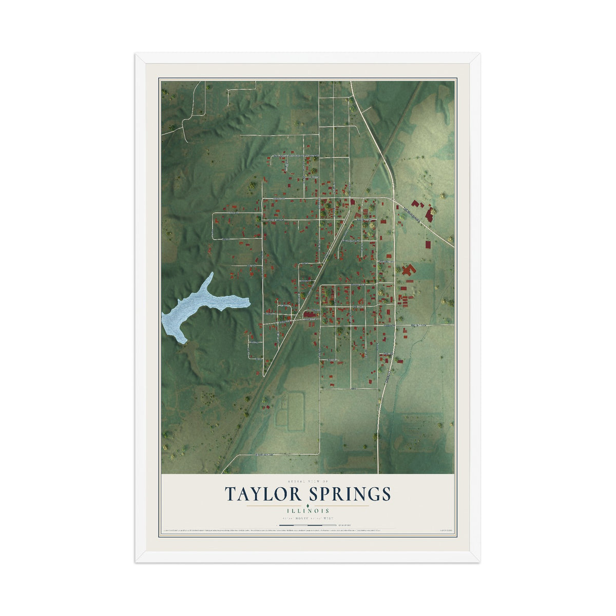 Map of Taylor Springs, Illinois, 12 x 18 inch print in a white wood frame