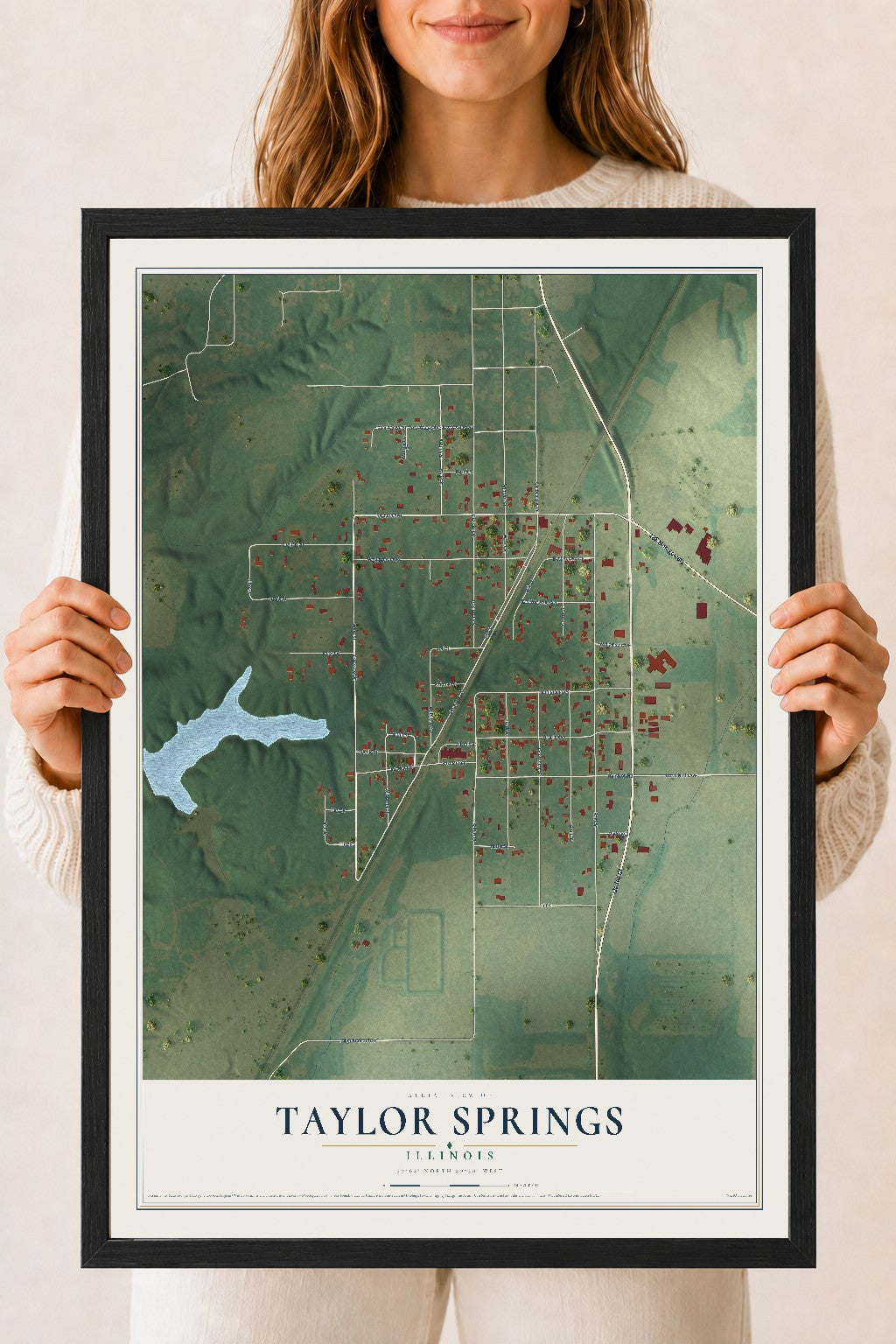 Map of Taylor Springs, Illinois, 18 x 24 inch print in a black wood frame