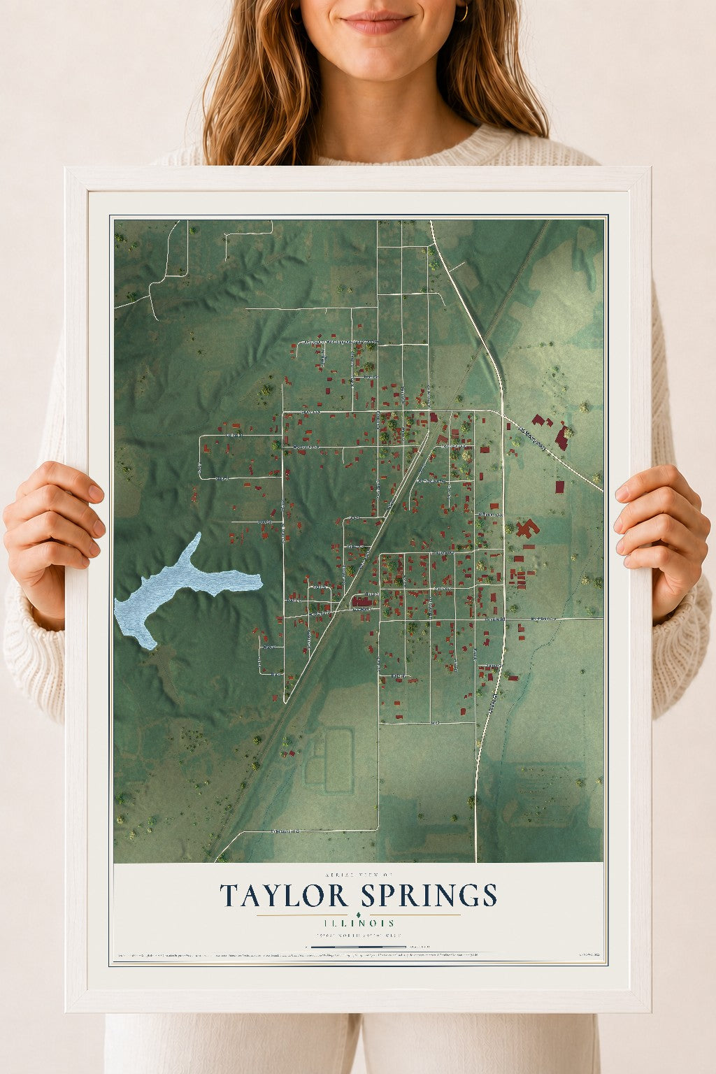Map of Taylor Springs, Illinois, 18 x 24 inch print in a white wood frame